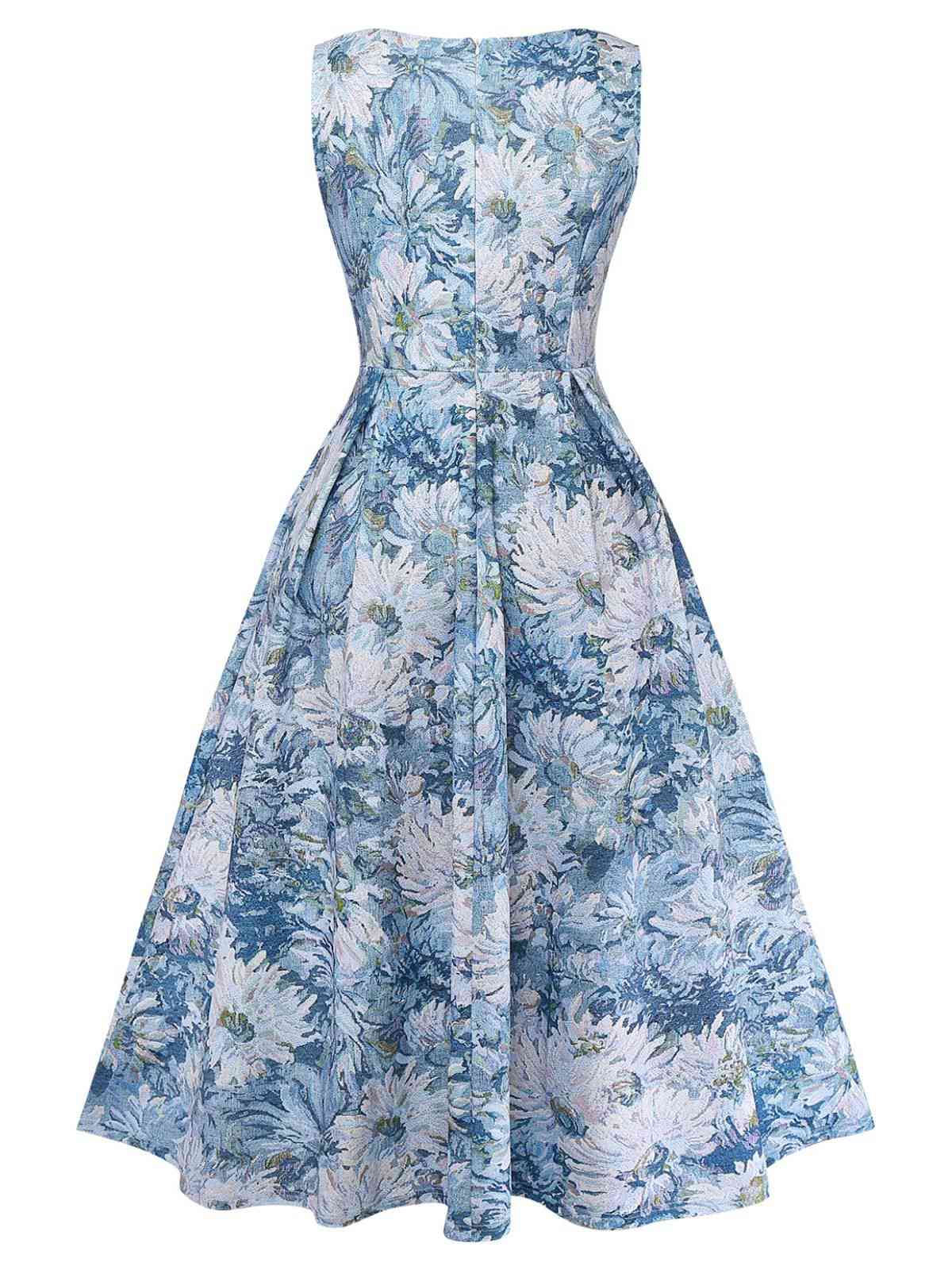 [Vorverkauf] Blau 1950er All-Over Ölmalerei Blumen Ärmelloses Kleid - Image 3