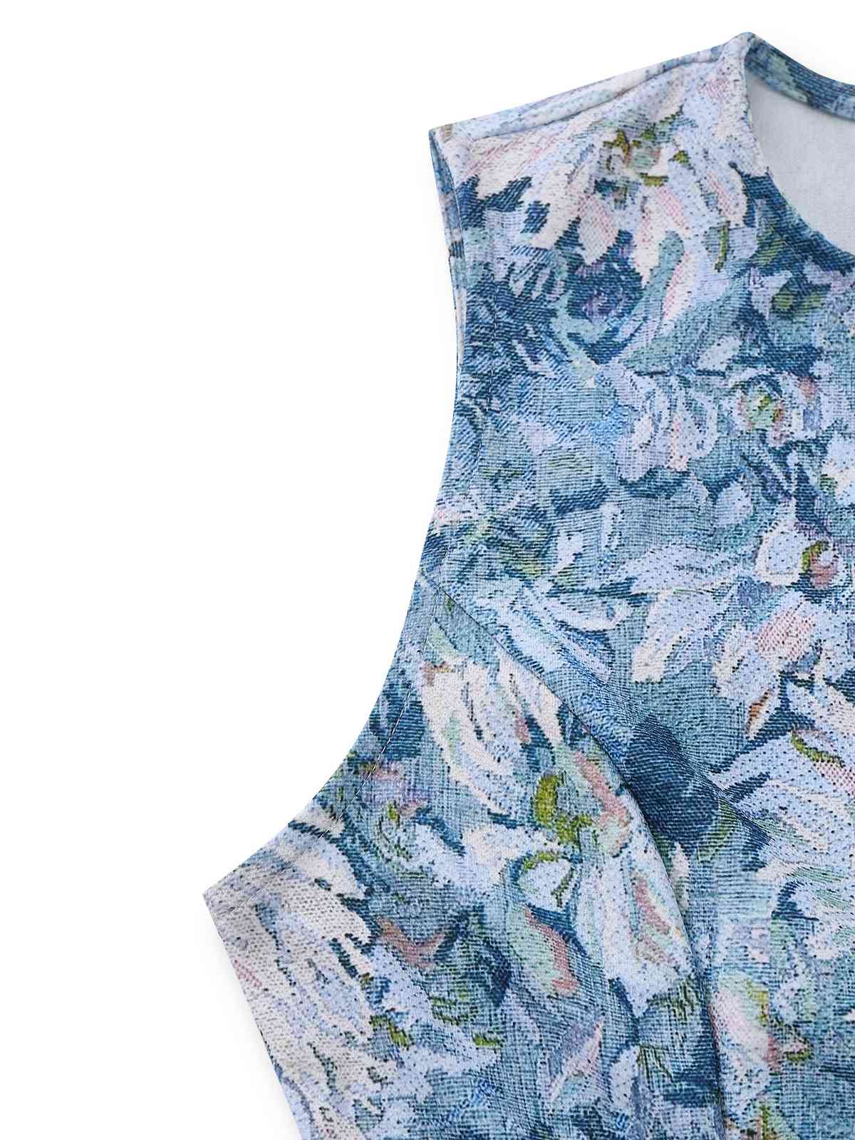 [Vorverkauf] Blau 1950er All-Over Ölmalerei Blumen Ärmelloses Kleid - Image 5