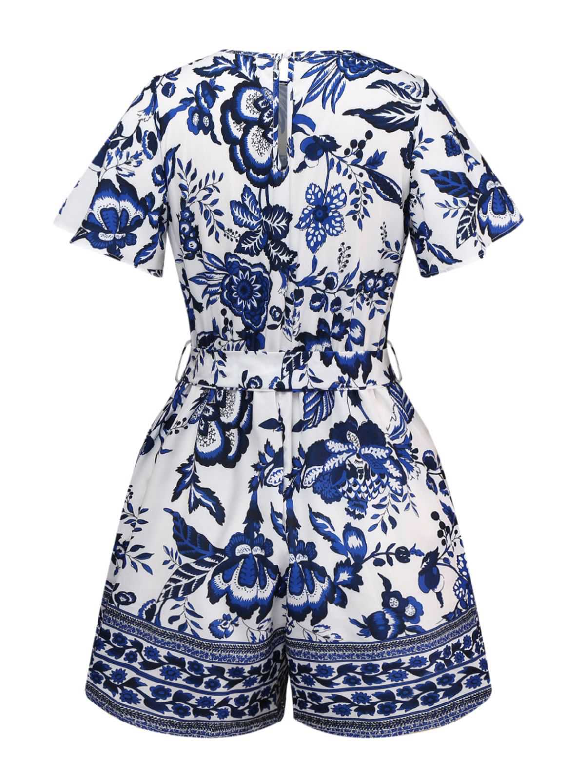 Blau 1950er Blau-Weiß-Porzellan Blumen Gürtel Romper - Image 2