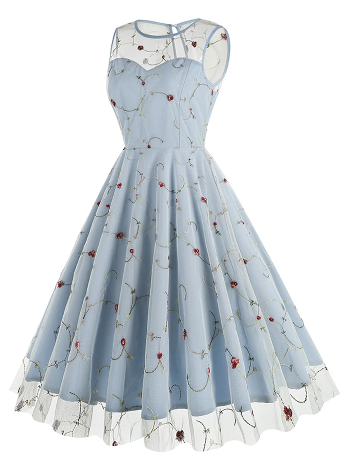 Blau 1950er Blumen Masche Swing Kleid - Image 2