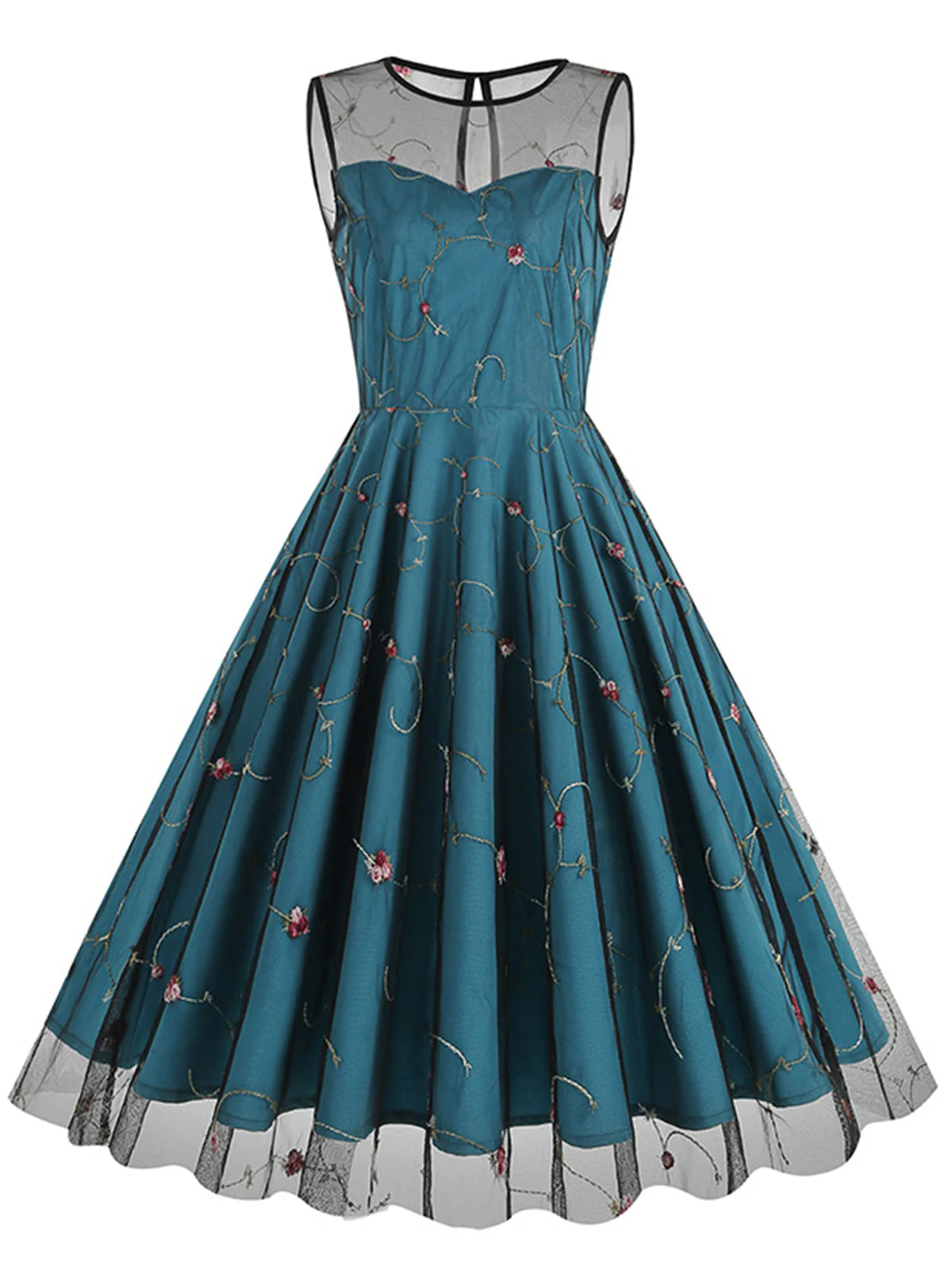 Blau 1950er Blumen Masche Swing Kleid - Image 6