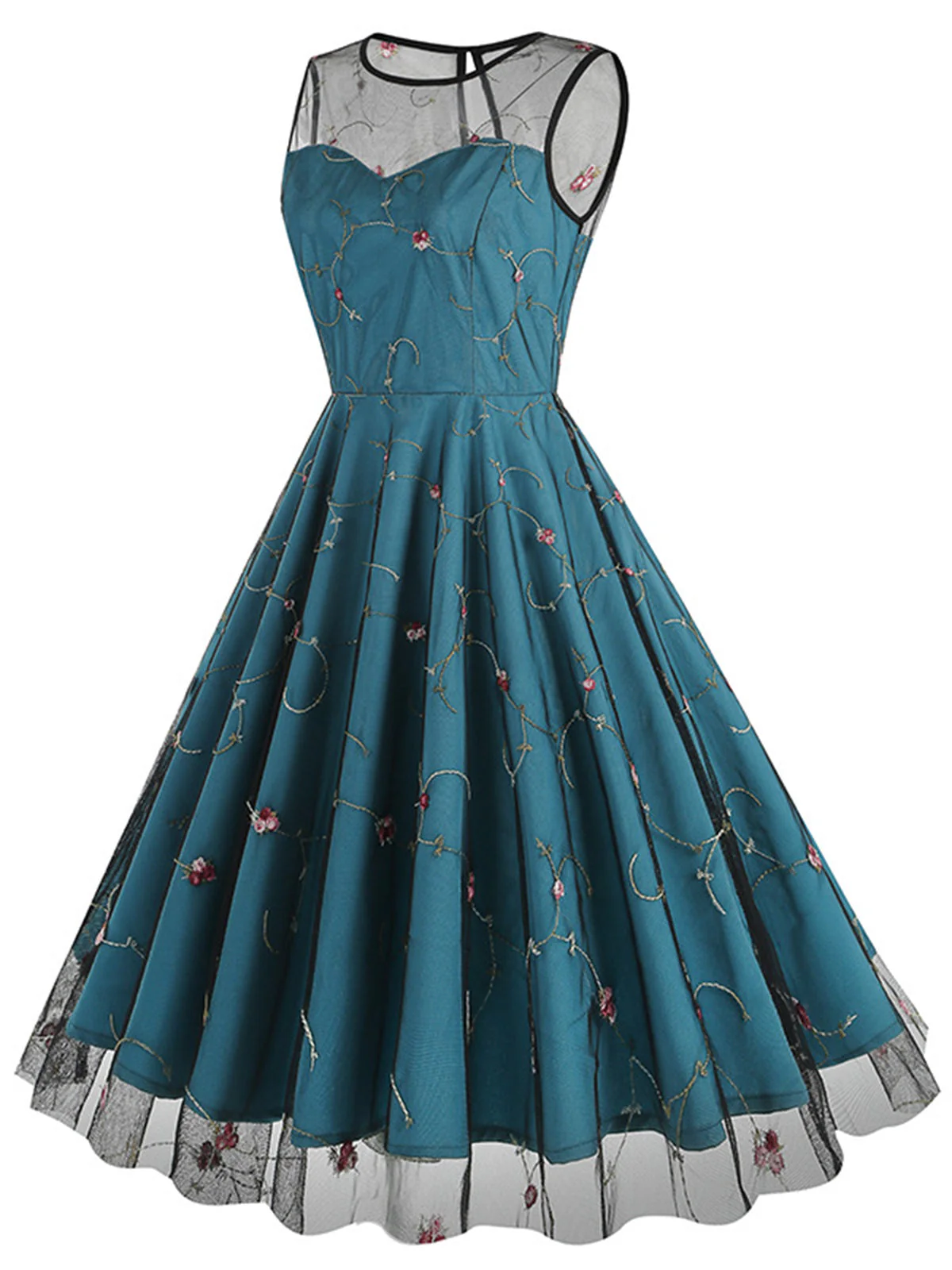 Blau 1950er Blumen Masche Swing Kleid - Image 7