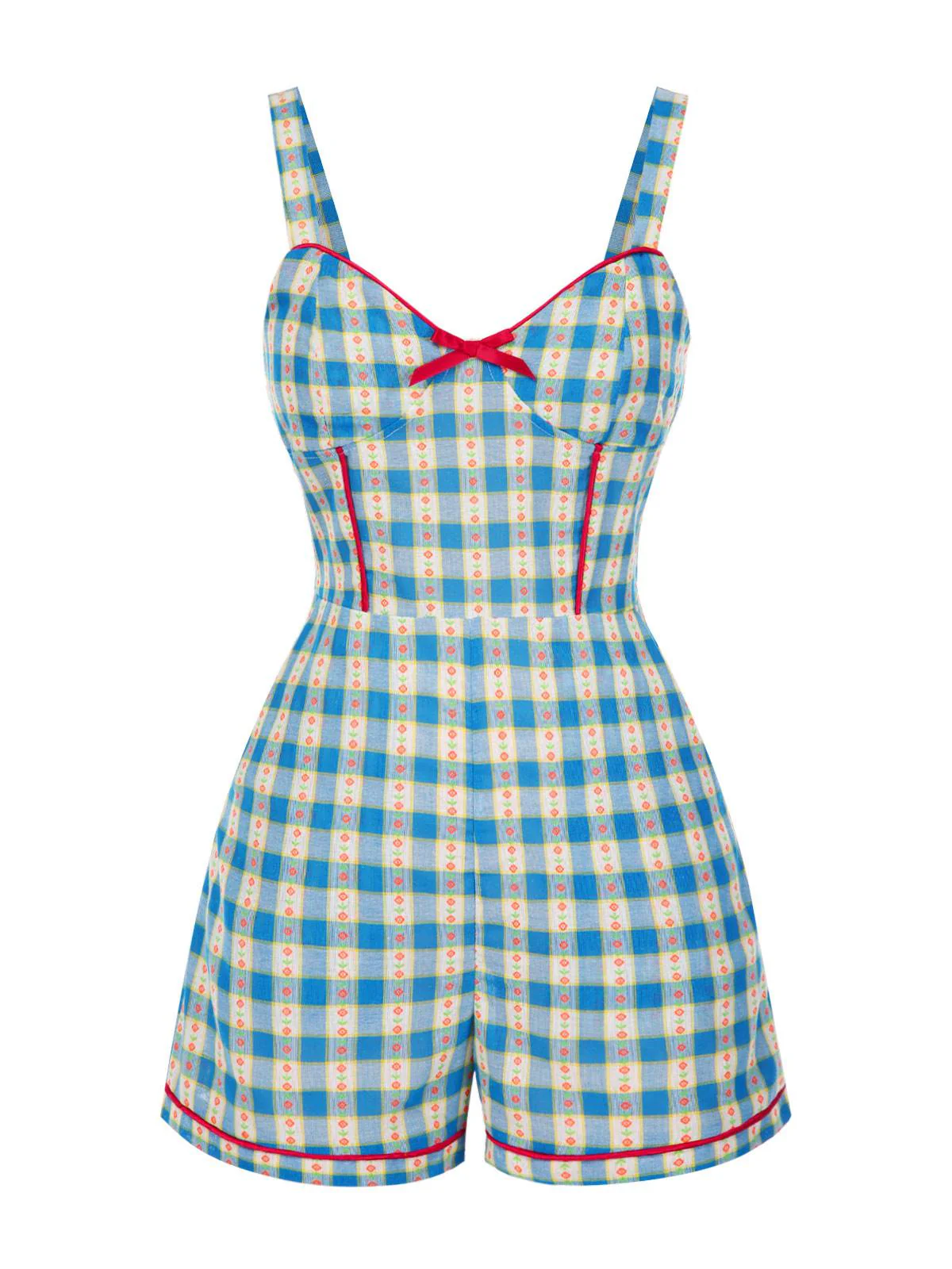 Blau 1950er Bogen Gingham Plaid Blumen Romper - Image 2
