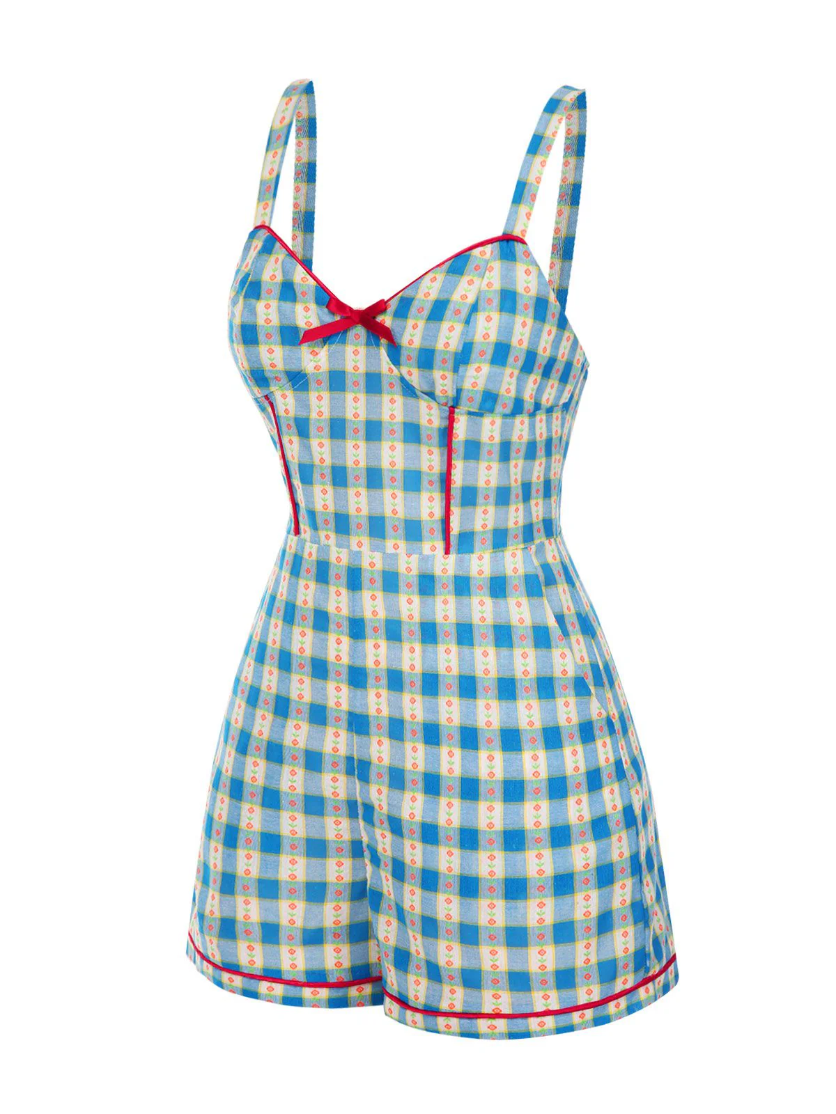 Blau 1950er Bogen Gingham Plaid Blumen Romper - Image 3