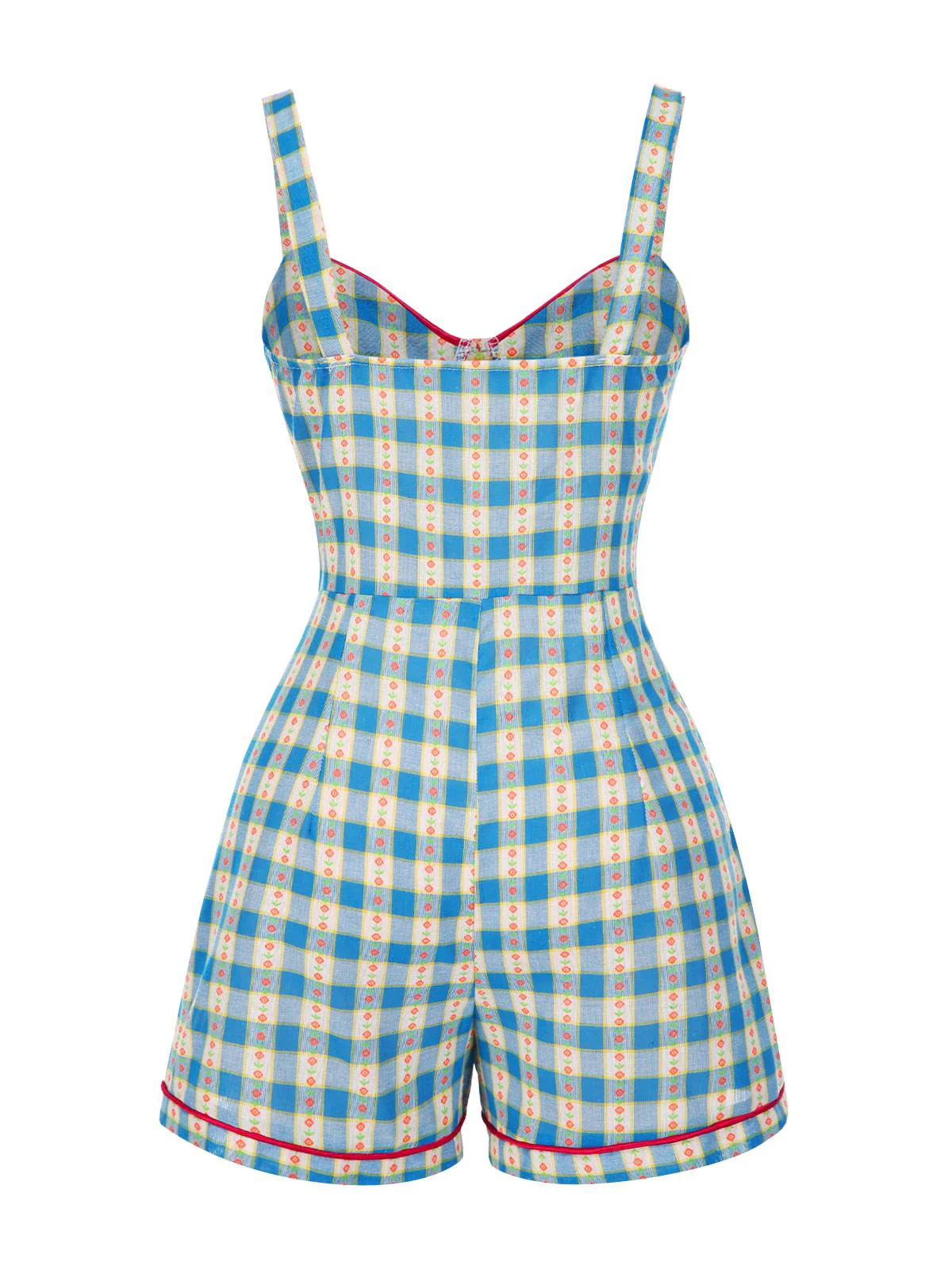 Blau 1950er Bogen Gingham Plaid Blumen Romper - Image 4
