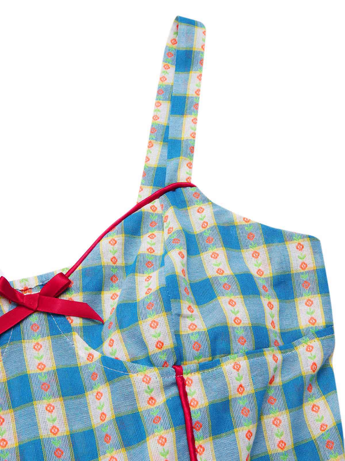 Blau 1950er Bogen Gingham Plaid Blumen Romper - Image 5