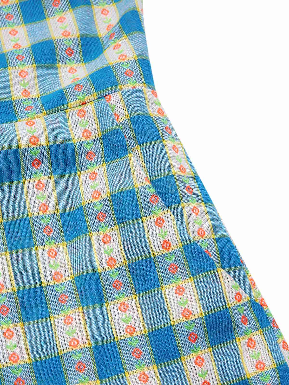 Blau 1950er Bogen Gingham Plaid Blumen Romper - Image 6