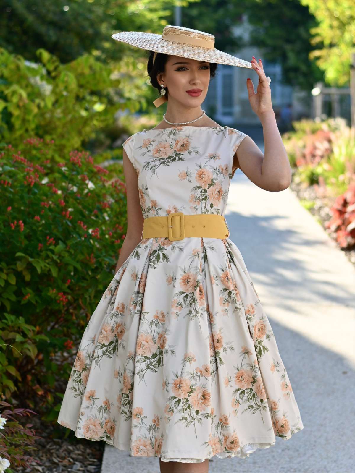 [Vorverkauf] Rosa 1950er Bootskragen Antiquität Blumen Kleid - Image 3