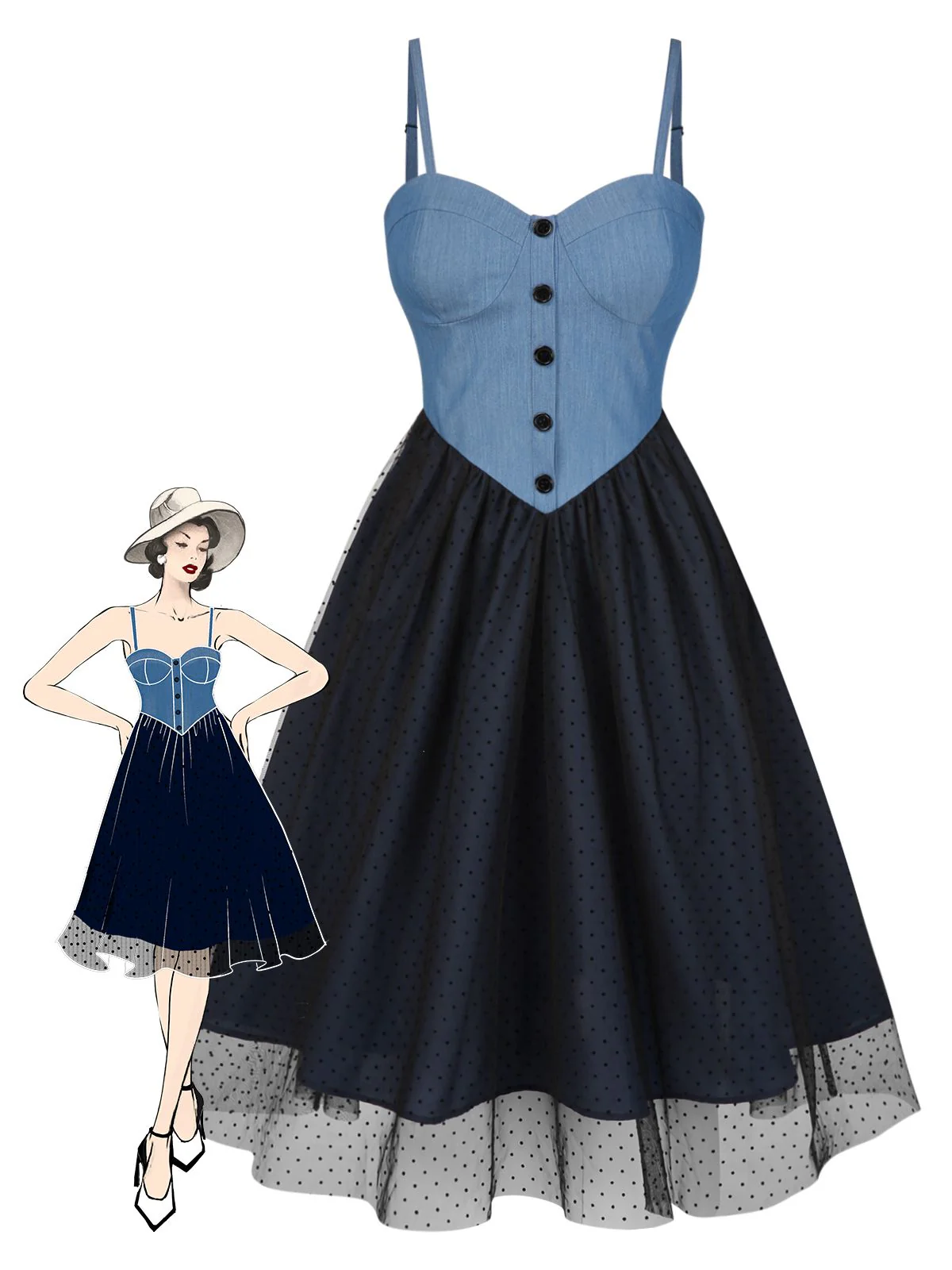 Blau 1950er Denim Polka Dots Netz Patchwork Kleid