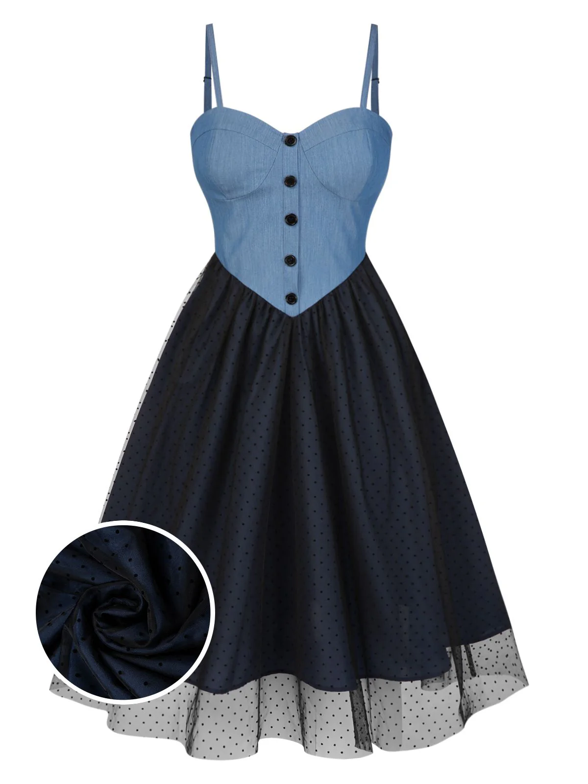 Blau 1950er Denim Polka Dots Netz Patchwork Kleid - Image 2