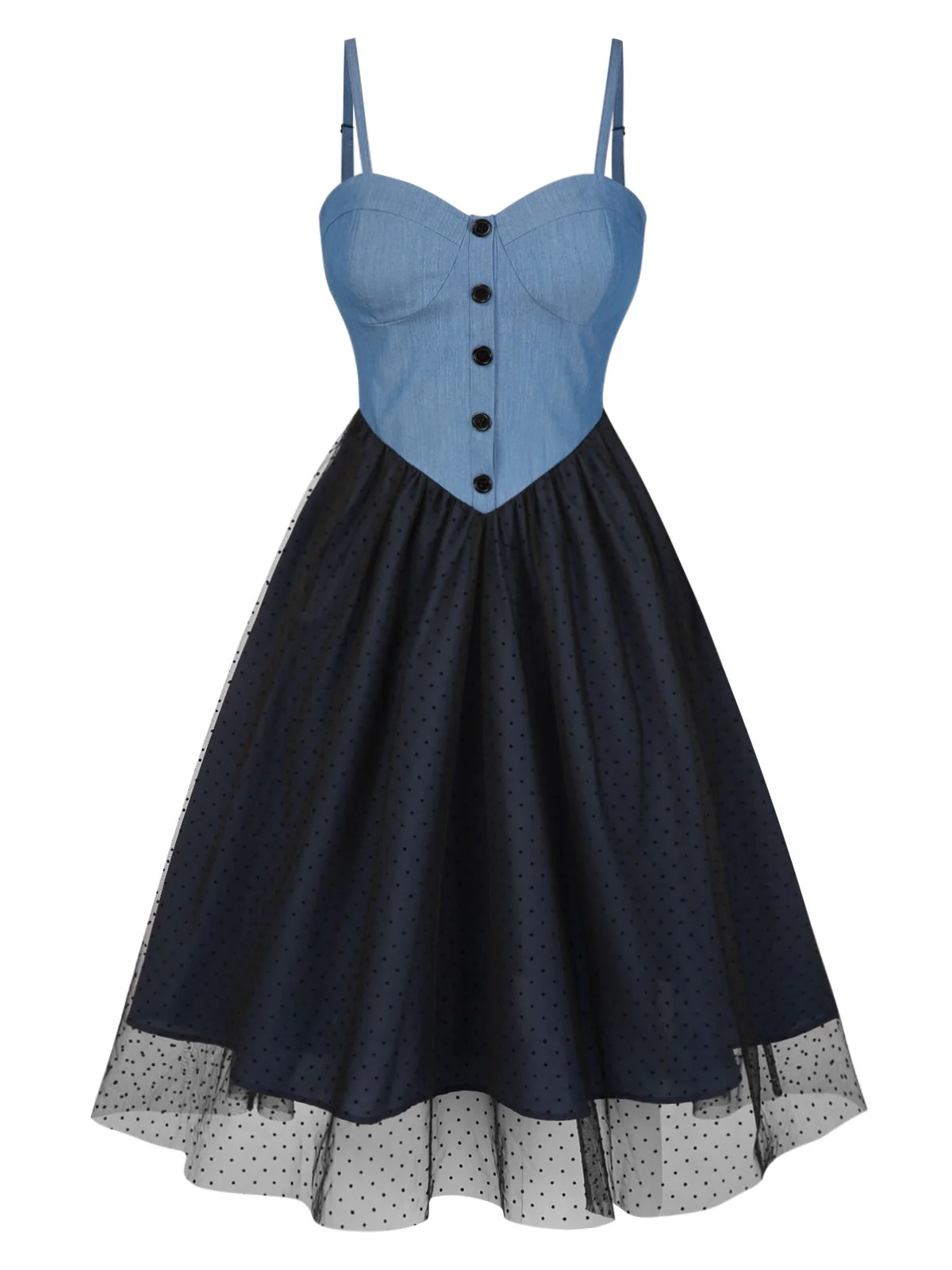 Blau 1950er Denim Polka Dots Netz Patchwork Kleid - Image 3
