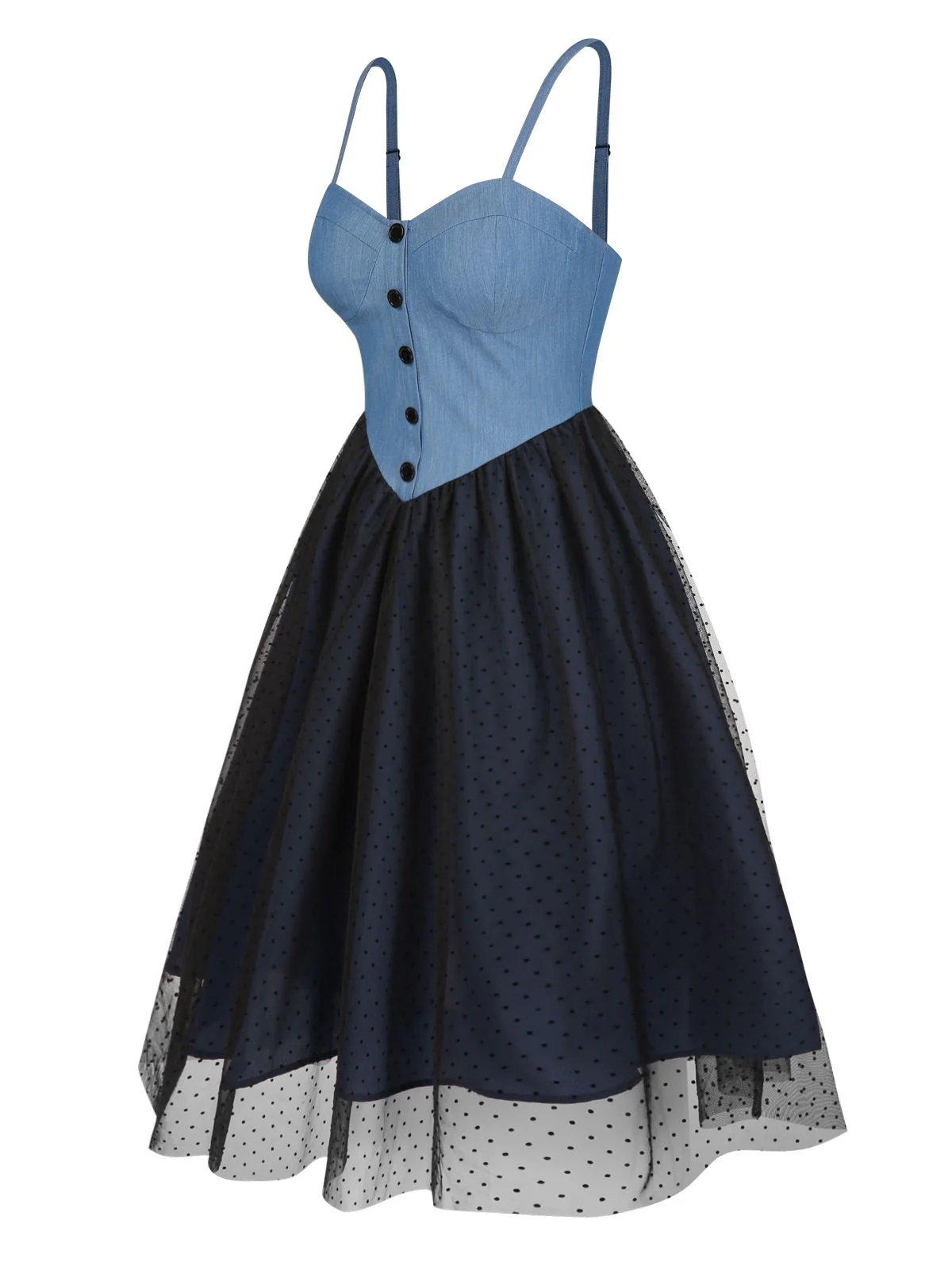 Blau 1950er Denim Polka Dots Netz Patchwork Kleid - Image 4