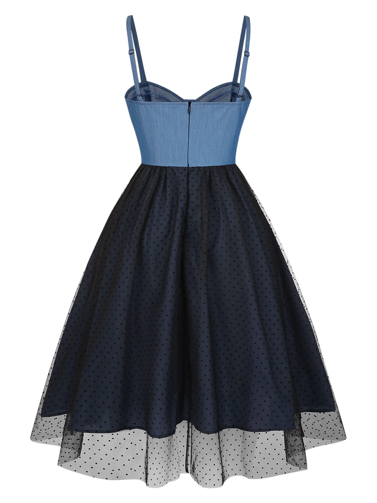 Blau 1950er Denim Polka Dots Netz Patchwork Kleid - Image 5