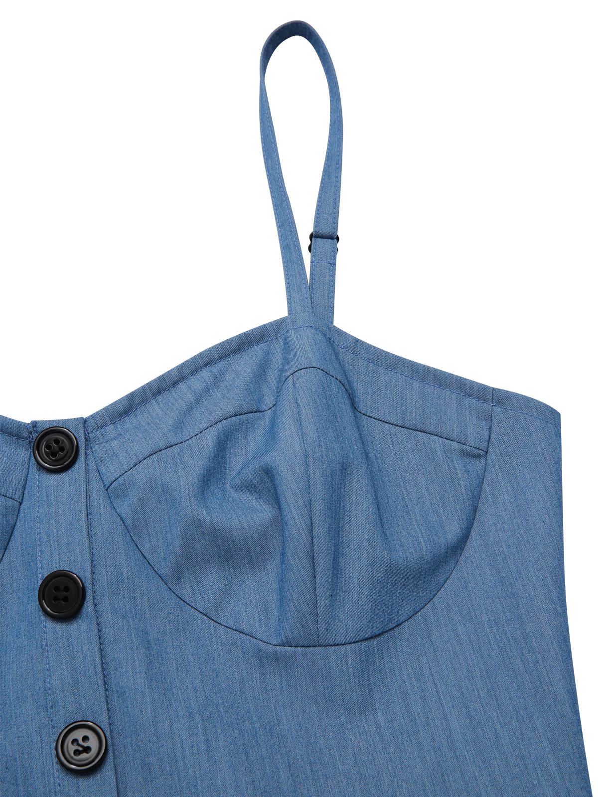 Blau 1950er Denim Polka Dots Netz Patchwork Kleid - Image 6