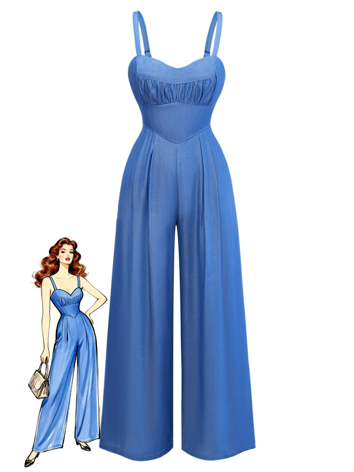 Blau 1950er Denim Spaghetti Träger Gerafft Jumpsuit
