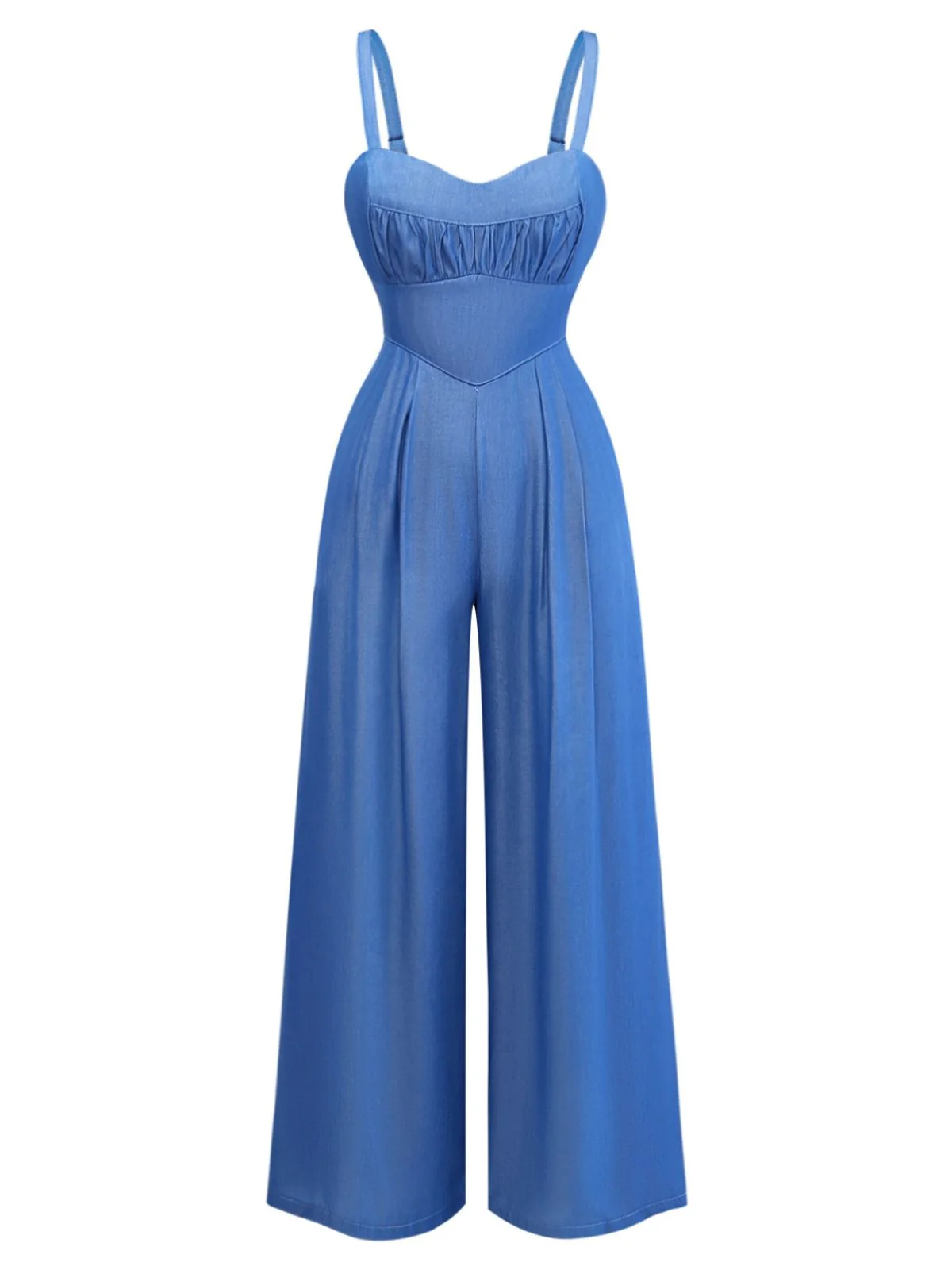Blau 1950er Denim Spaghetti Träger Gerafft Jumpsuit - Image 2