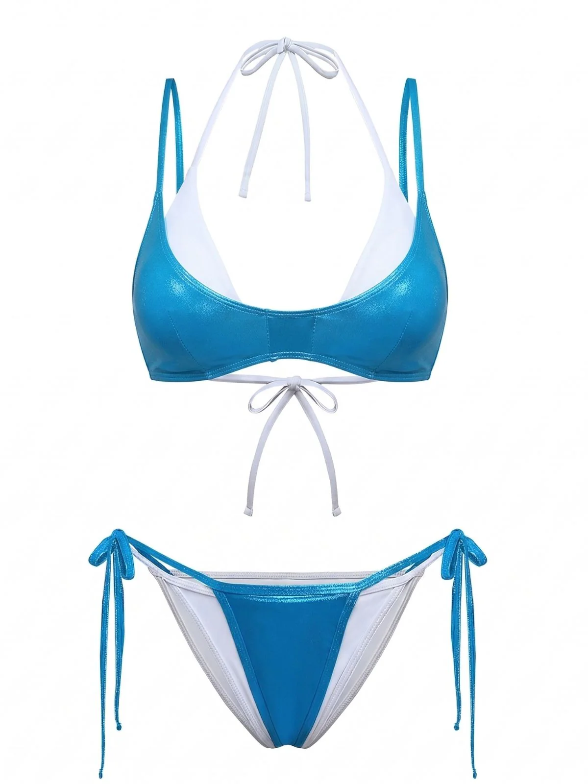 Blau 1950er Doppel Schicht Triangel String Bikini Set - Image 2