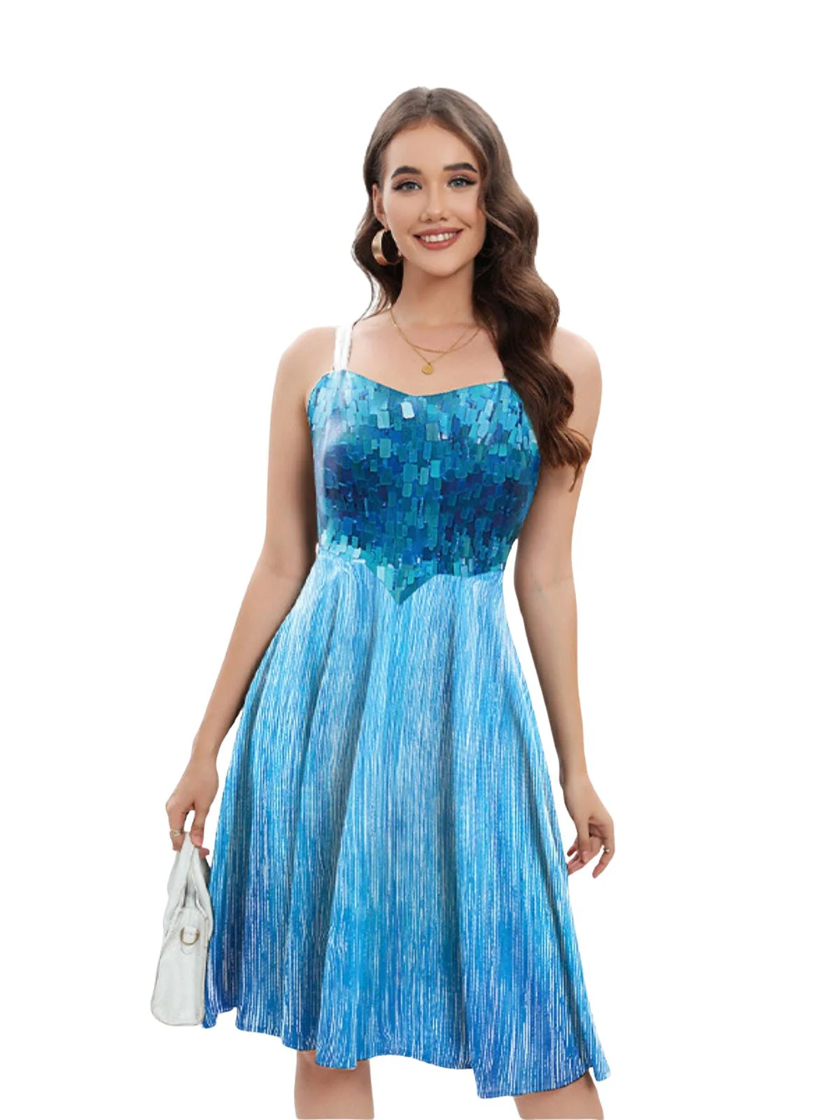 Blau 1950er Elsa Pailletten Schneeflocke Träger Kleid - Image 2