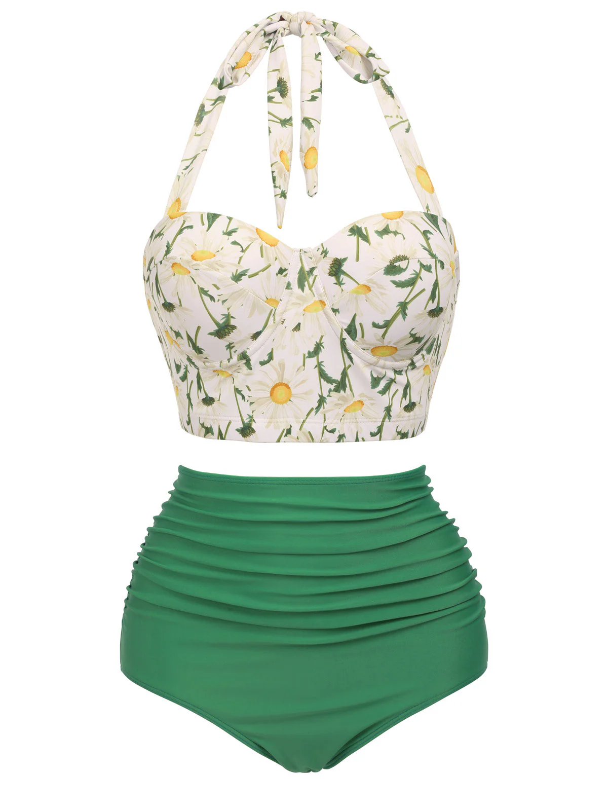 Grün 1950er Gänseblümchen Halter Bikini Set