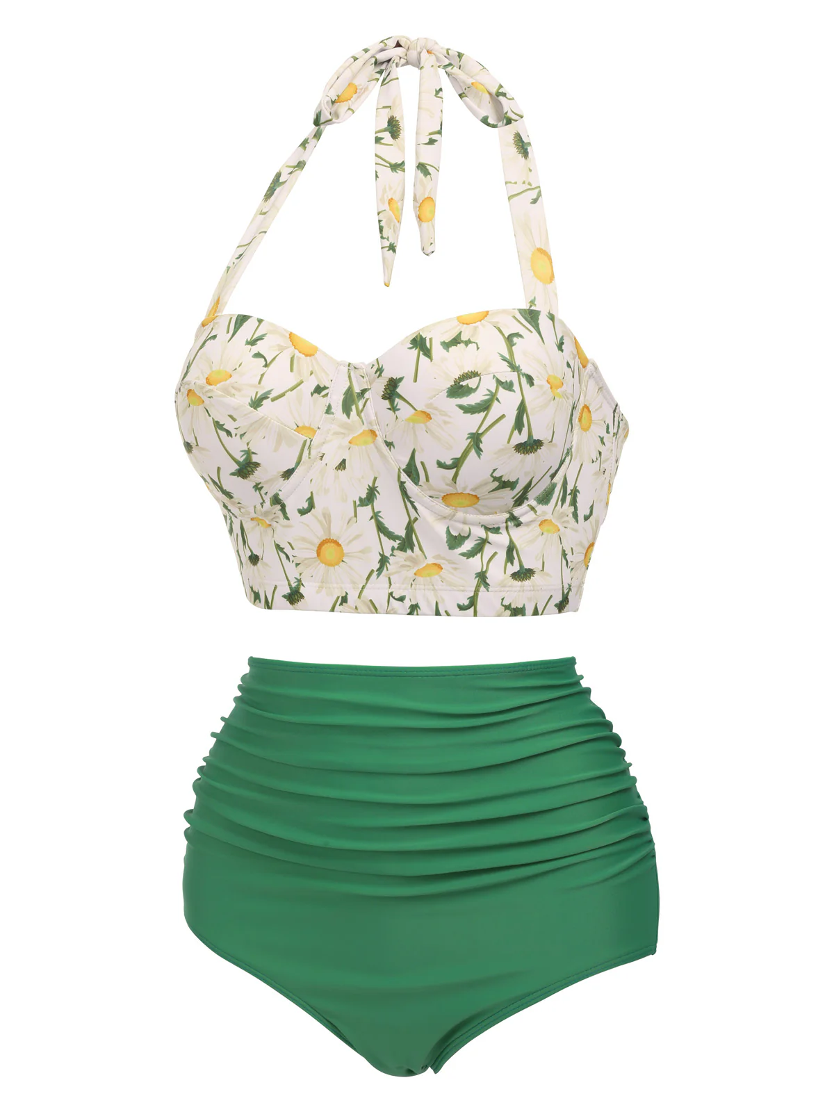 Grün 1950er Gänseblümchen Halter Bikini Set - Image 2