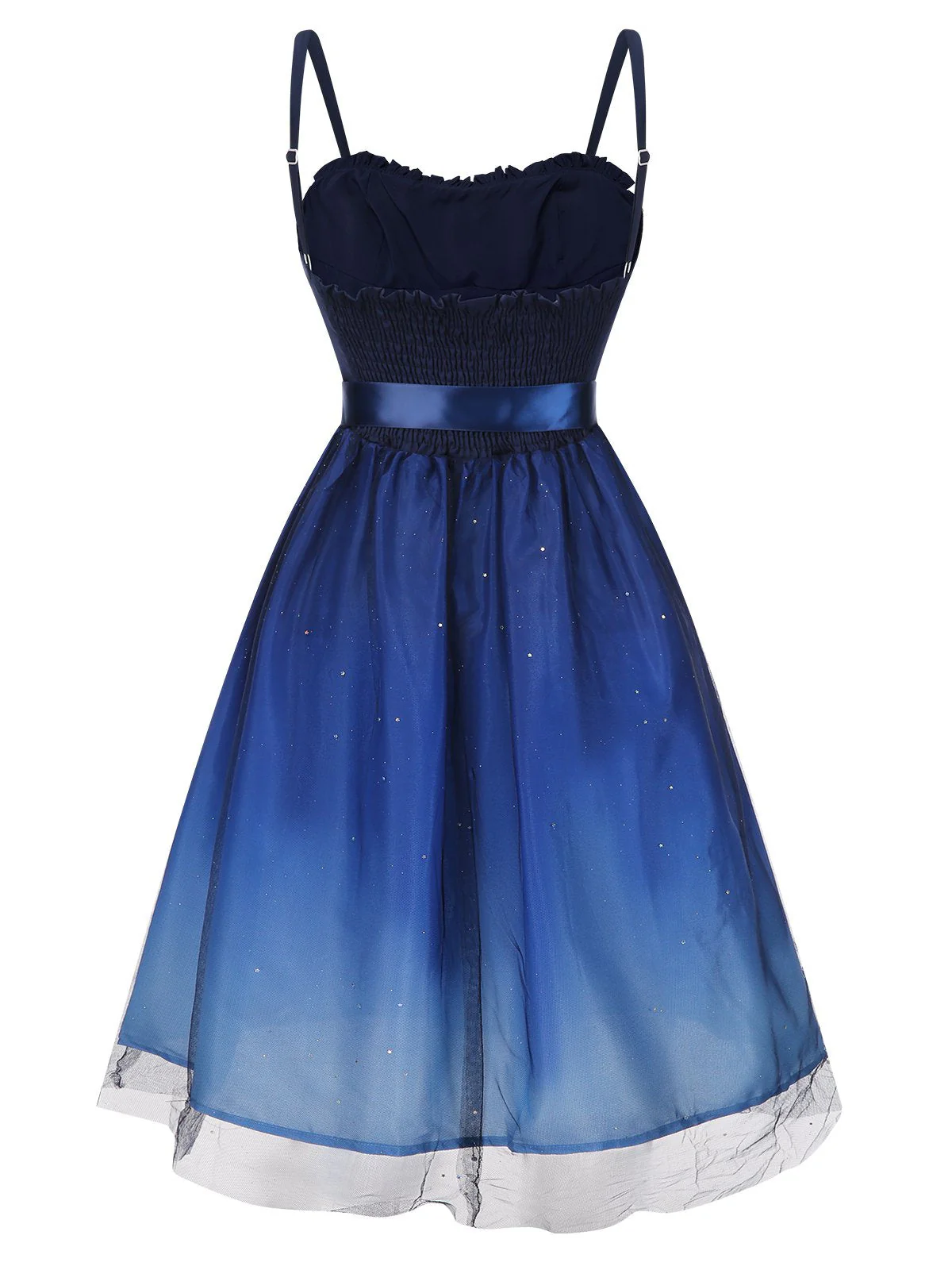 Blau 1950er Gradient Masche Taille Gesmoktes Kleid - Image 2
