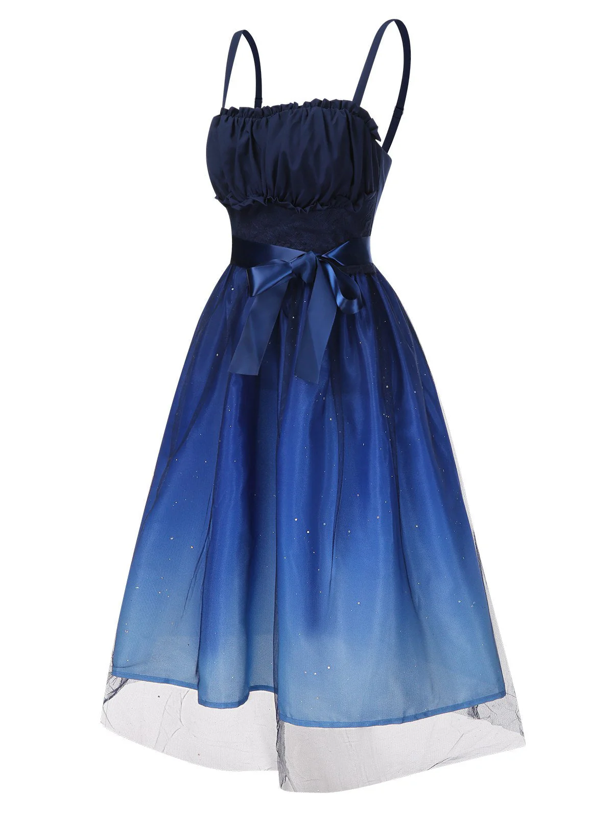 Blau 1950er Gradient Masche Taille Gesmoktes Kleid - Image 3