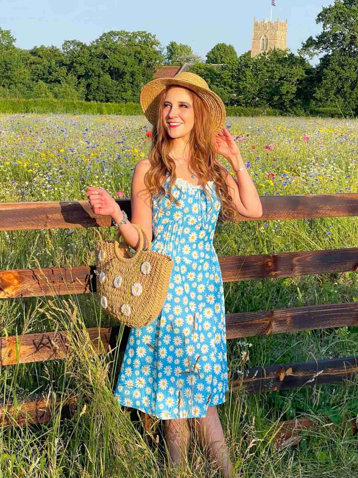Blau 1950er Halter Spitze Gänseblümchen Kleid - Image 3
