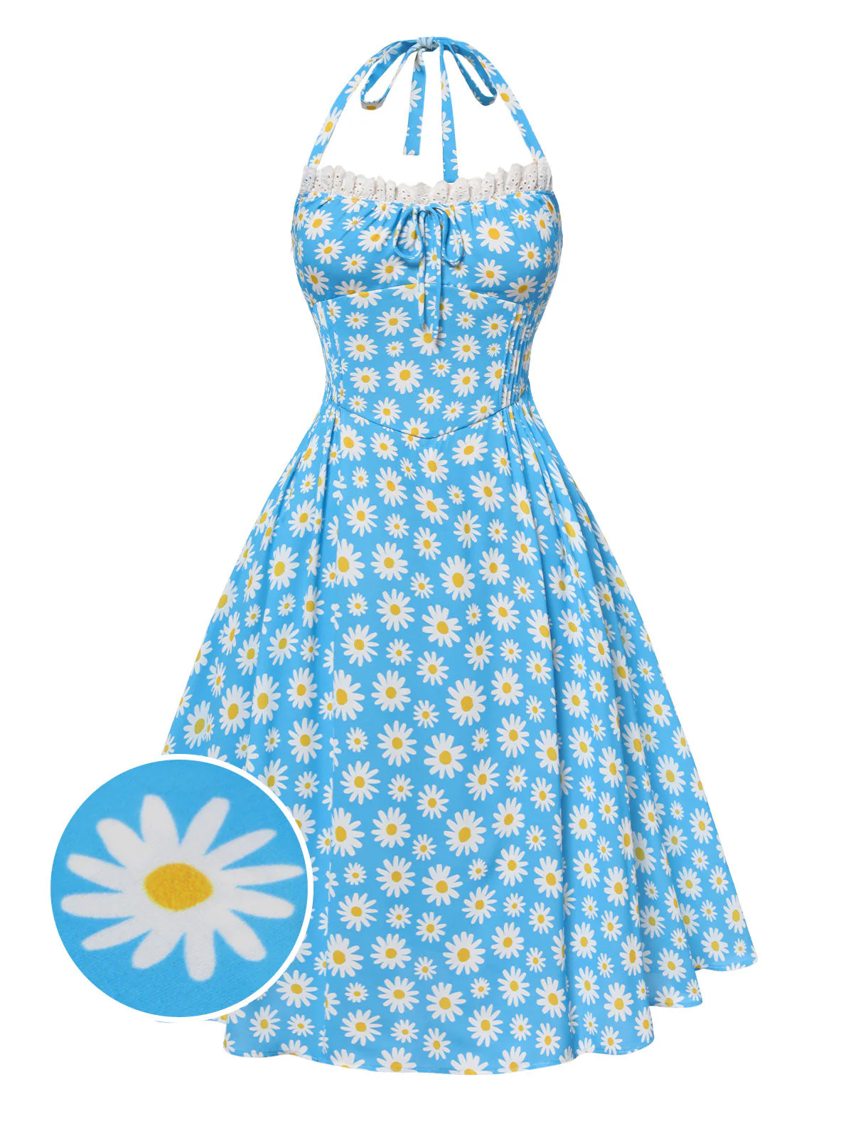 Blau 1950er Halter Spitze Gänseblümchen Kleid - Image 4