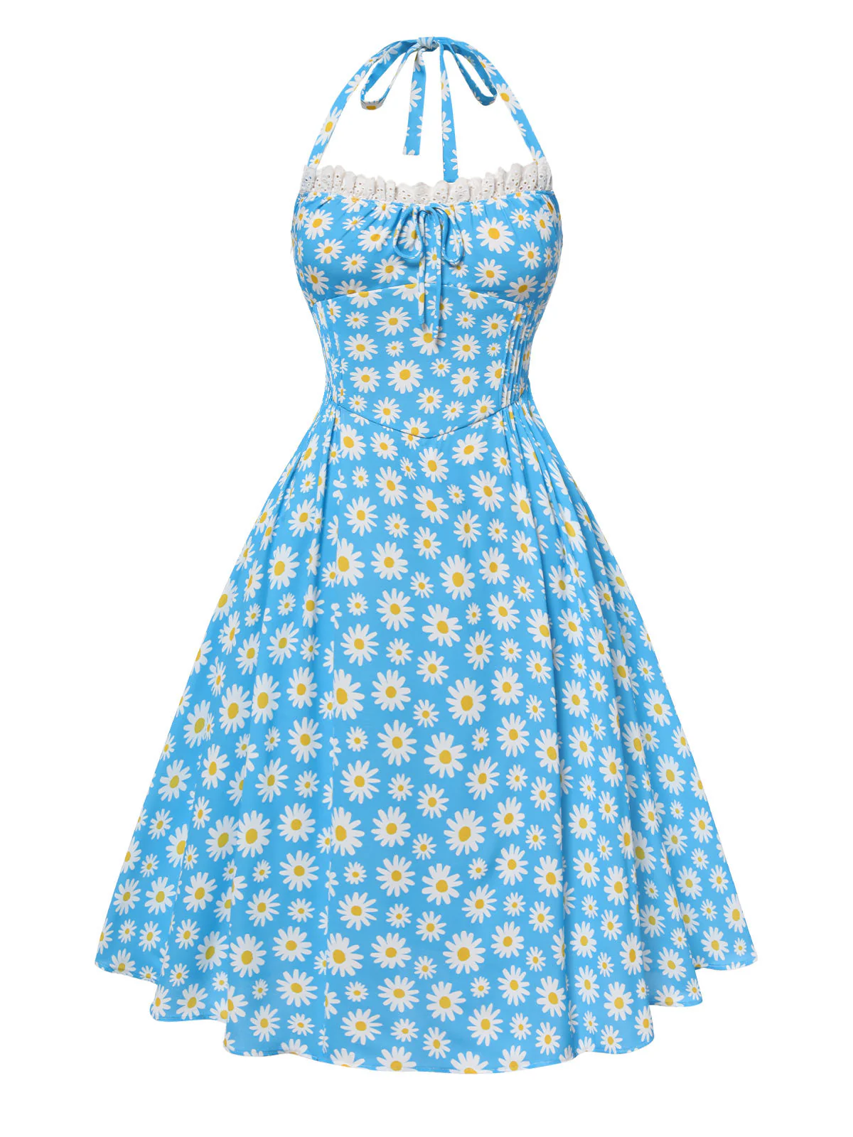 Blau 1950er Halter Spitze Gänseblümchen Kleid - Image 6