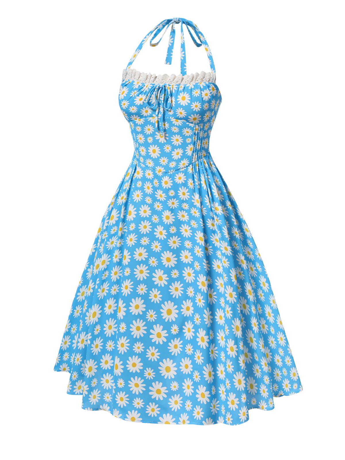 Blau 1950er Halter Spitze Gänseblümchen Kleid - Image 7