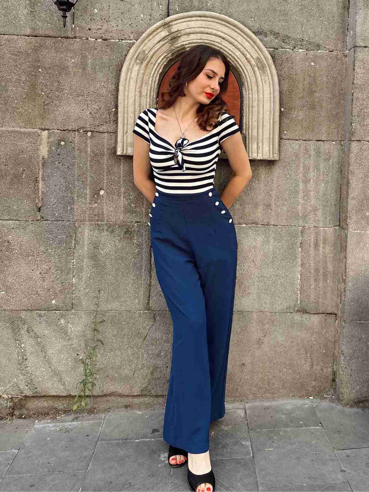 Blau 1950er Hohl Bogen Streifen Patchwork Jumpsuit - Image 4