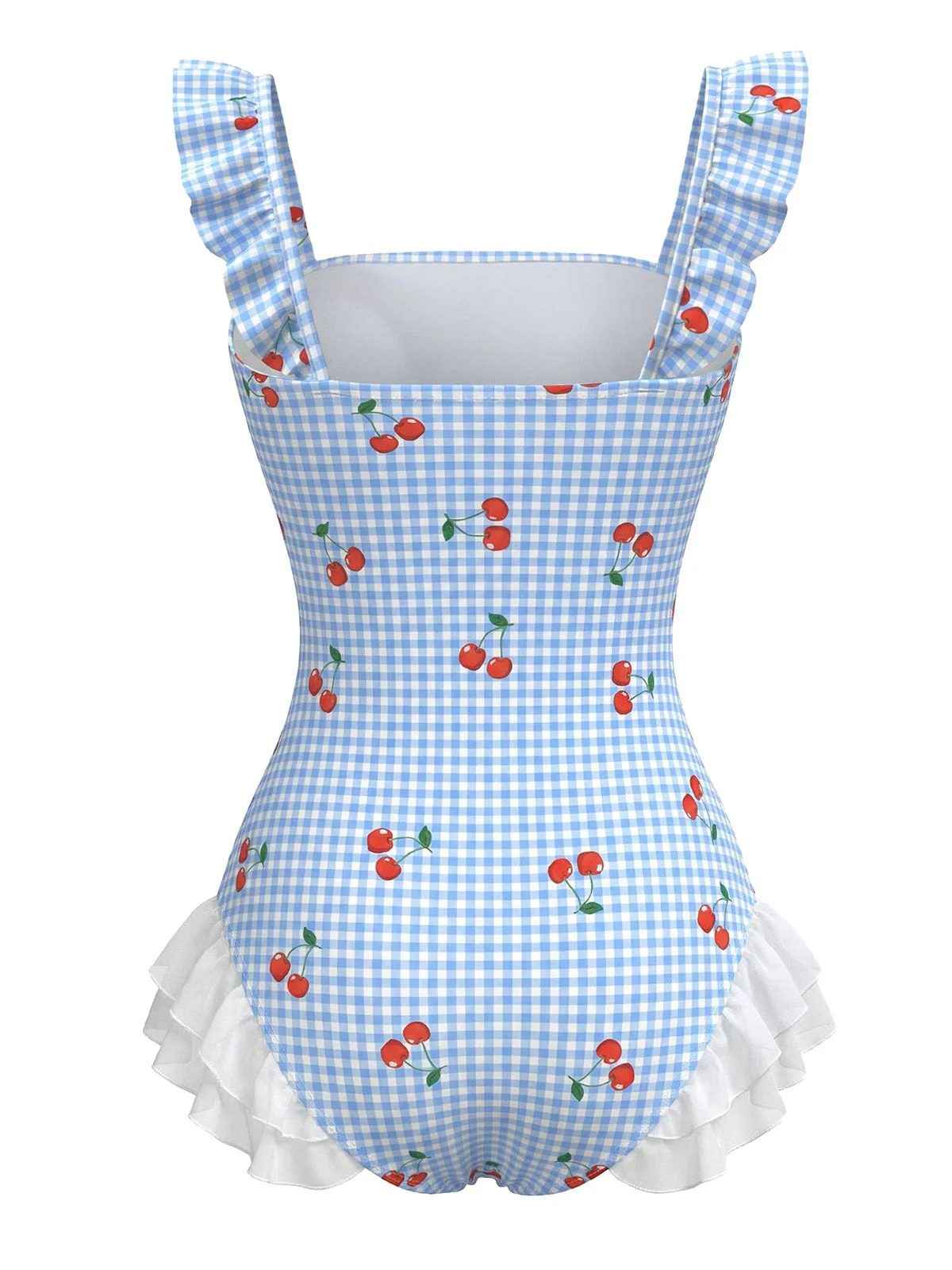 Blau 1950er Kirsche Kariert Rüschen Einteiliger Badeanzug - Image 3