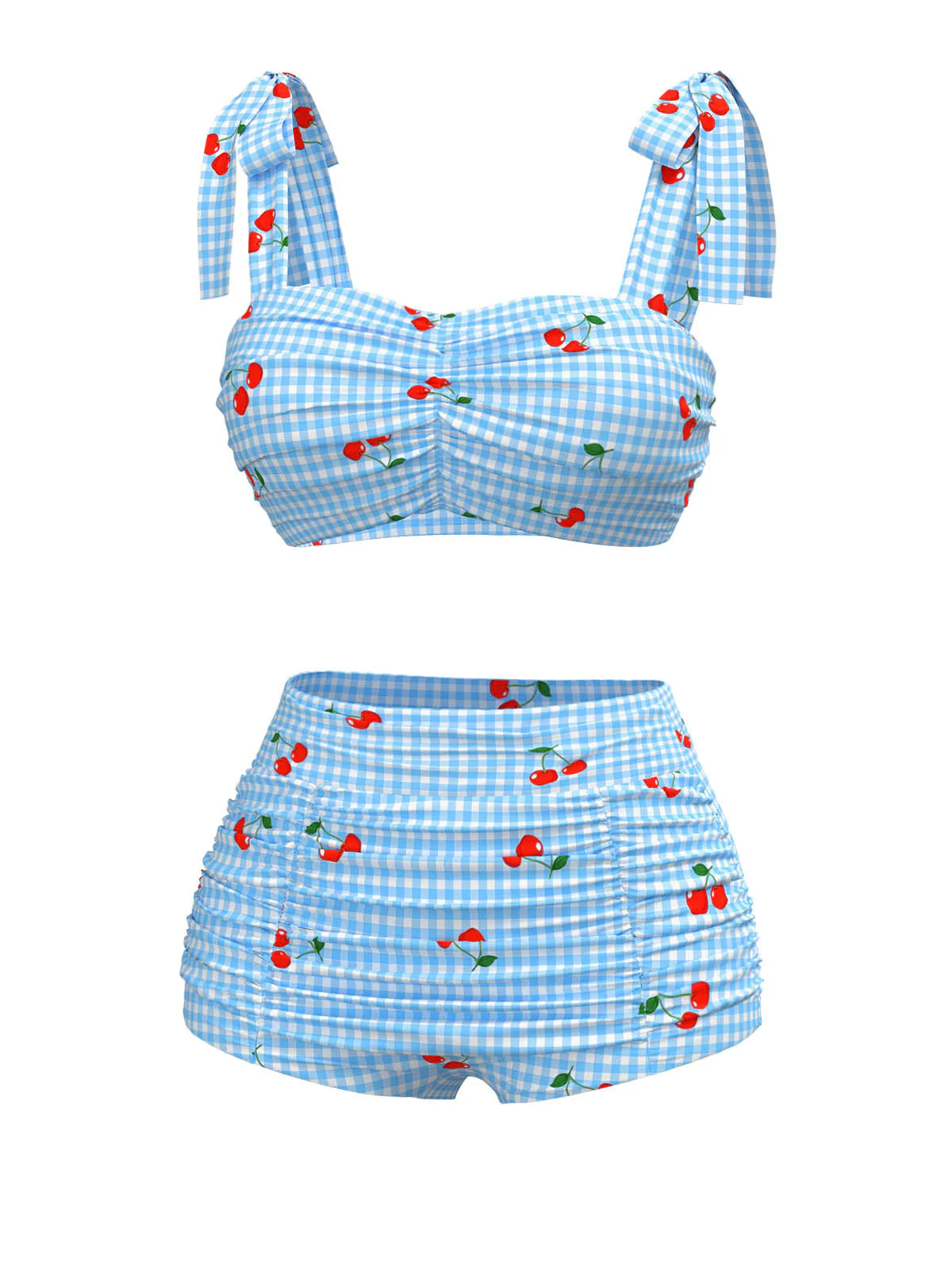 Blau 1950er Kirsche Plaid Schnürung Badeanzug - Image 2