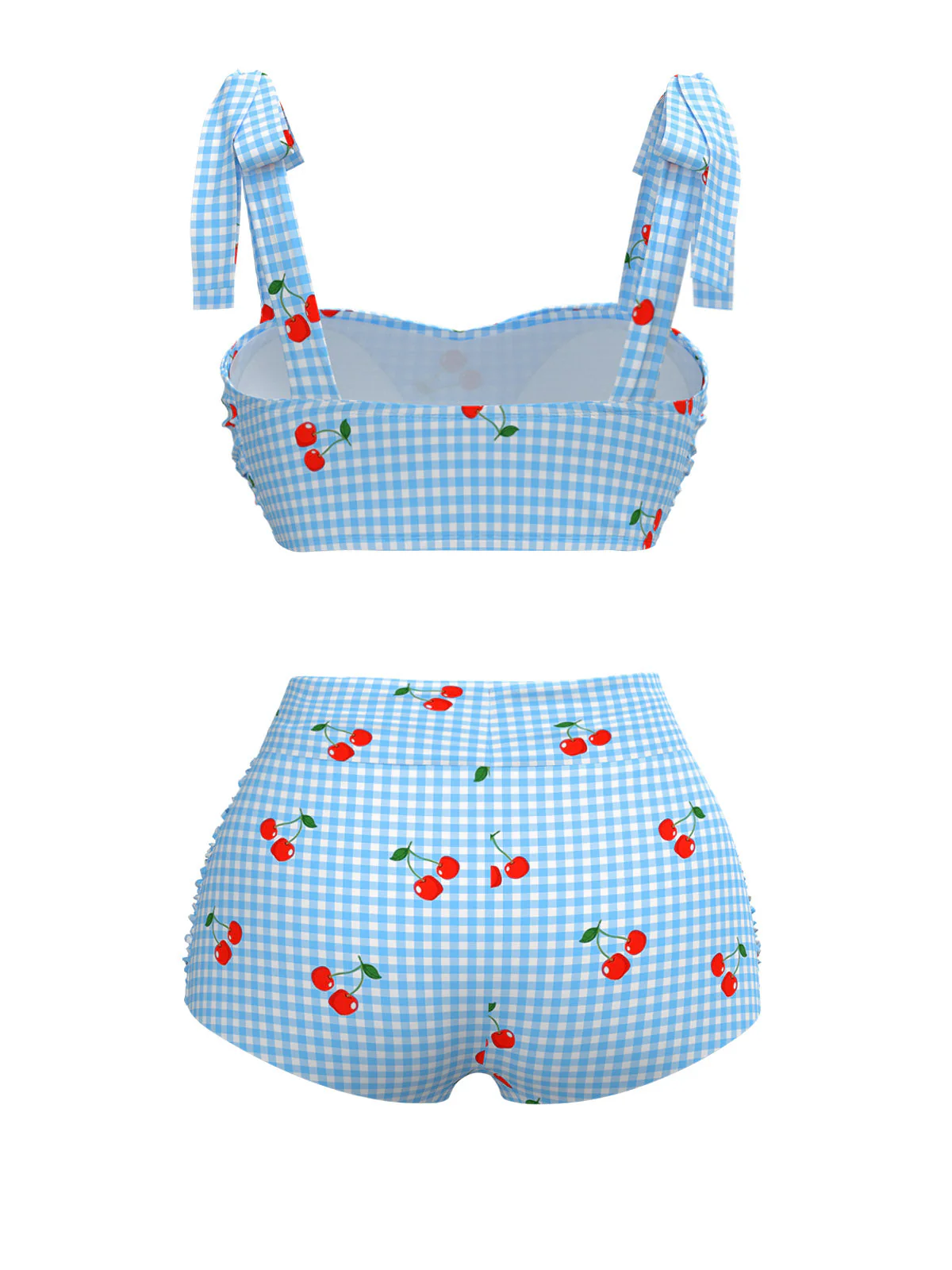 Blau 1950er Kirsche Plaid Schnürung Badeanzug - Image 3