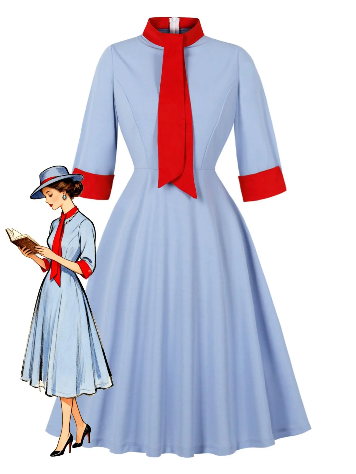 Blau 1950er Kontrast Bindehals Hoch Kragen Kleid