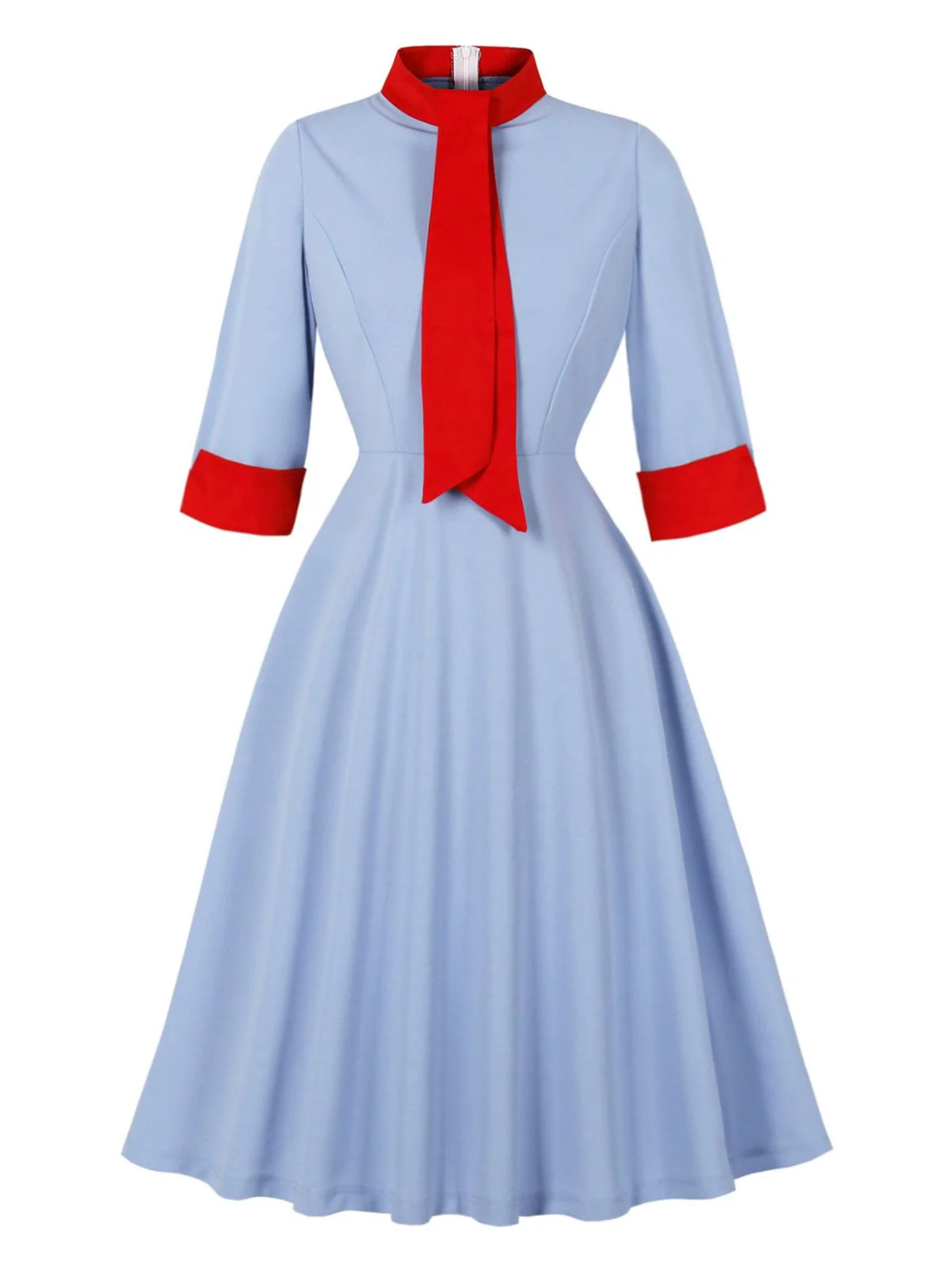 Blau 1950er Kontrast Bindehals Hoch Kragen Kleid - Image 2
