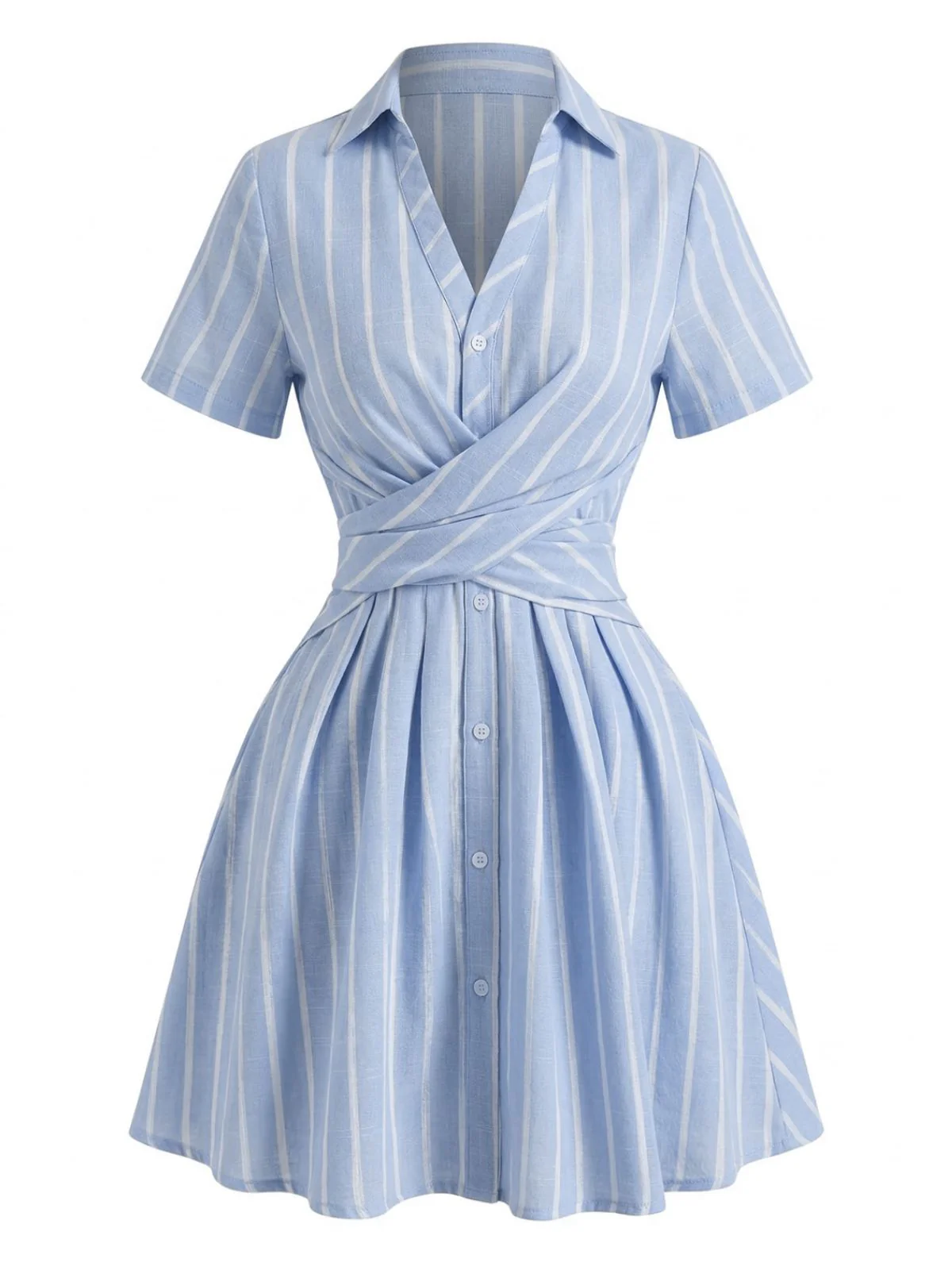 Blau 1950er Längs Streifen Johnny Kragen Überkreuzt Kleid - Image 2