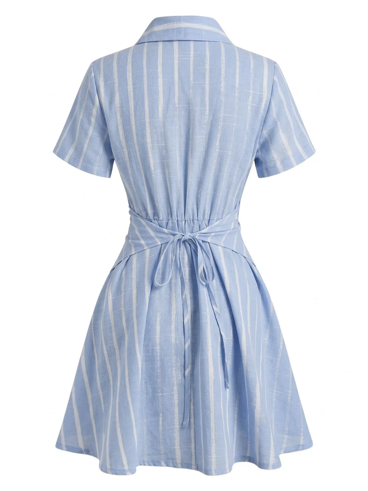 Blau 1950er Längs Streifen Johnny Kragen Überkreuzt Kleid - Image 3