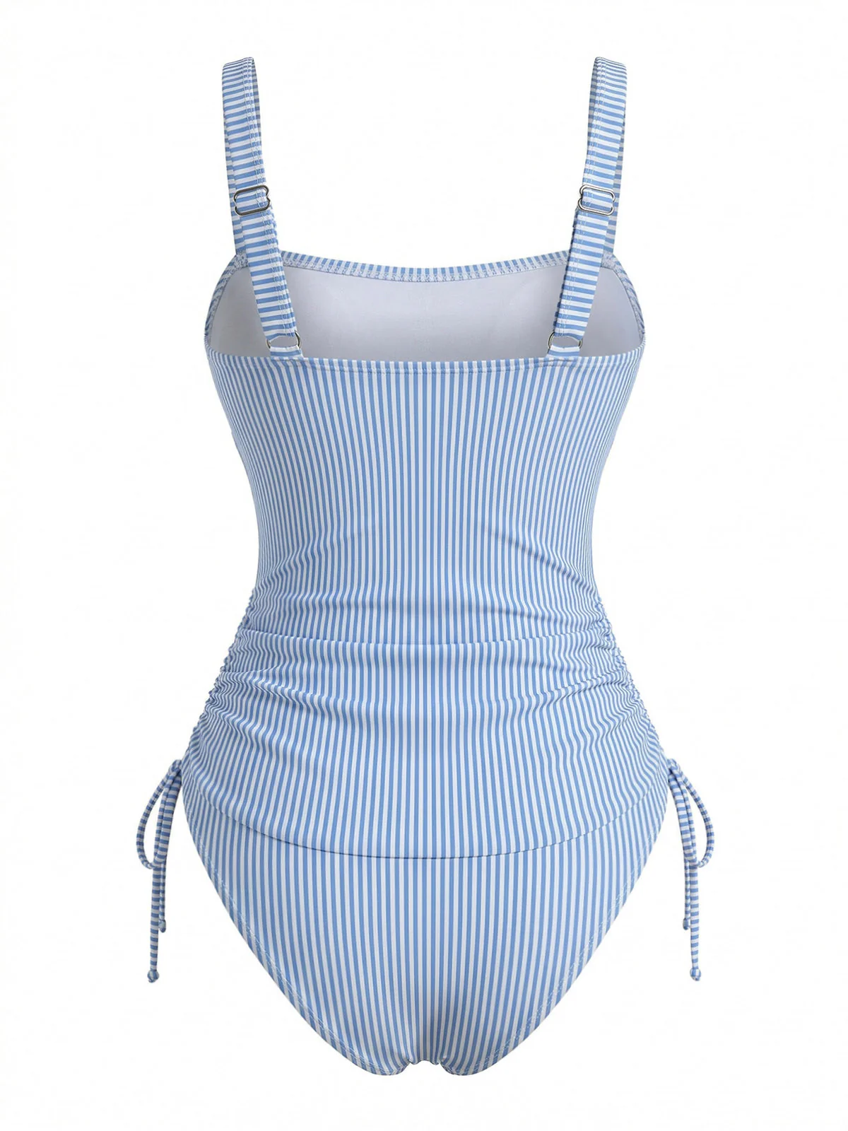 Blau 1950er Nadelstreifen Gerafft Kordelzug Tankini Set - Image 3