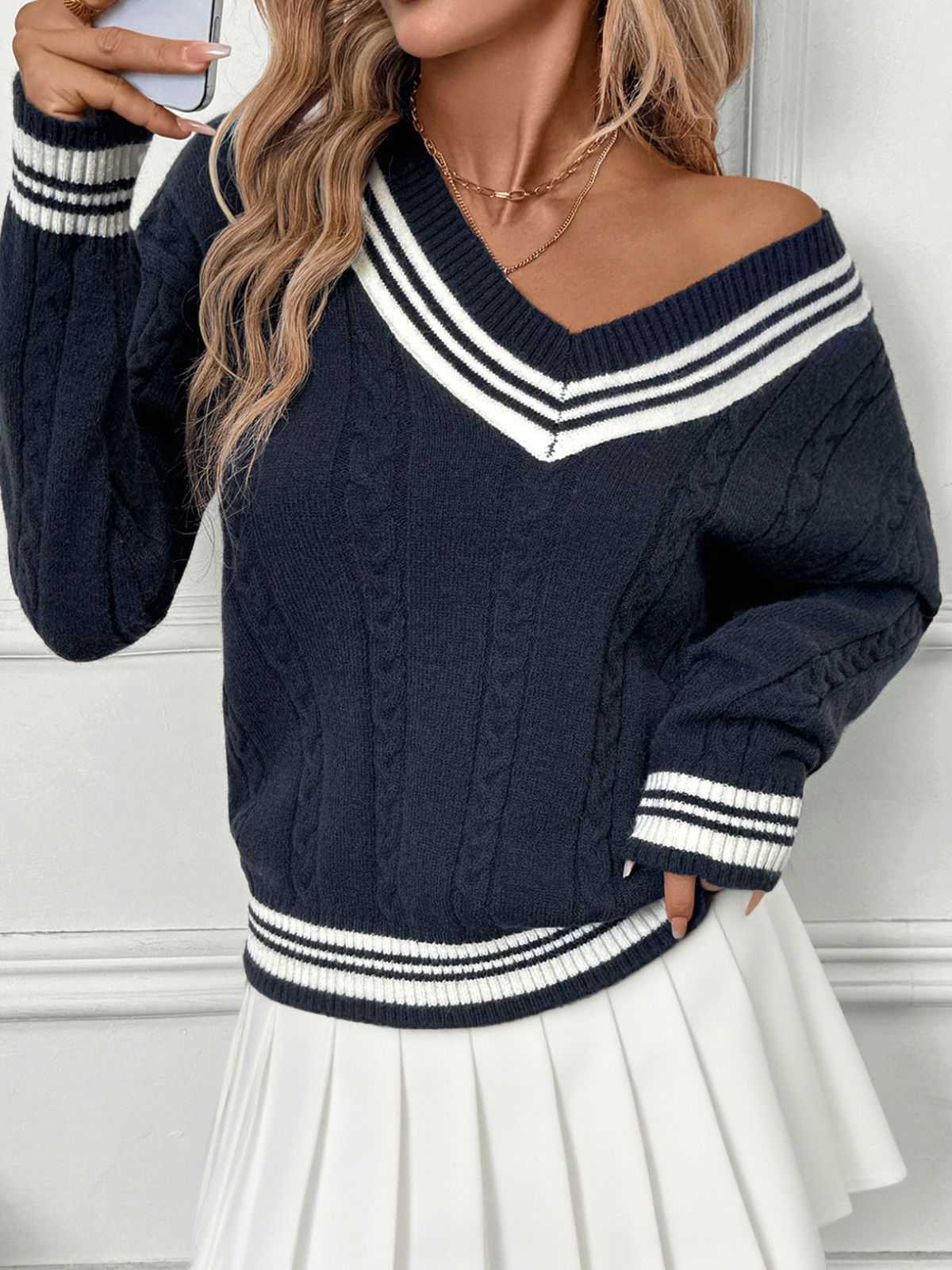 Blau 1950er Nautisch Stricken V-Ausschnitt Streifen Pullover - Image 2