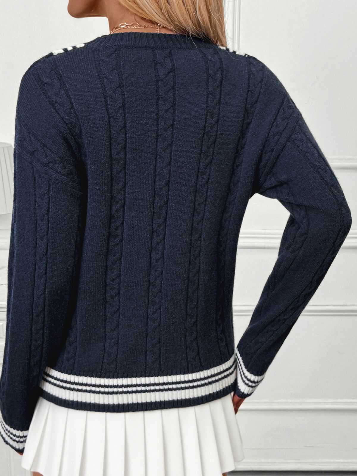Blau 1950er Nautisch Stricken V-Ausschnitt Streifen Pullover - Image 3