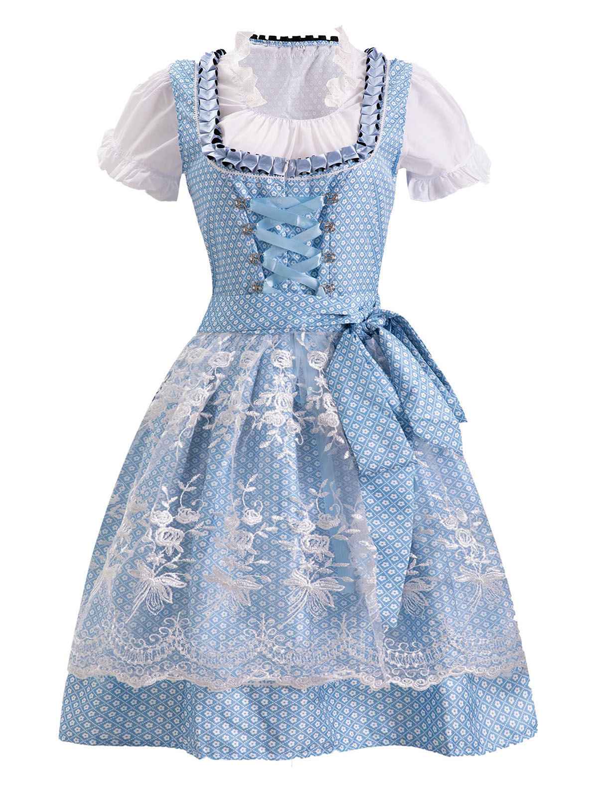 Blau 1950er Oktoberfest Dirndl Spitze Patchwork Kleid Set - Image 2