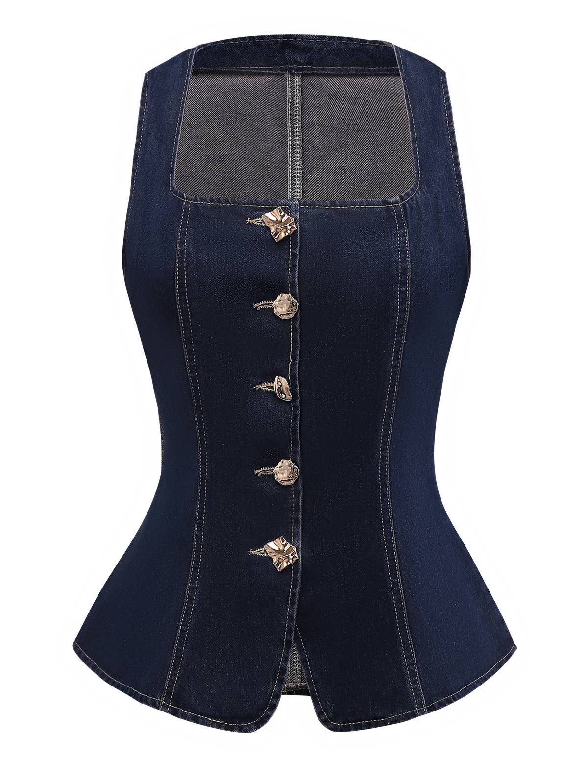 Blau 1950er Quadratischer Hals Tasteed Denim Weste