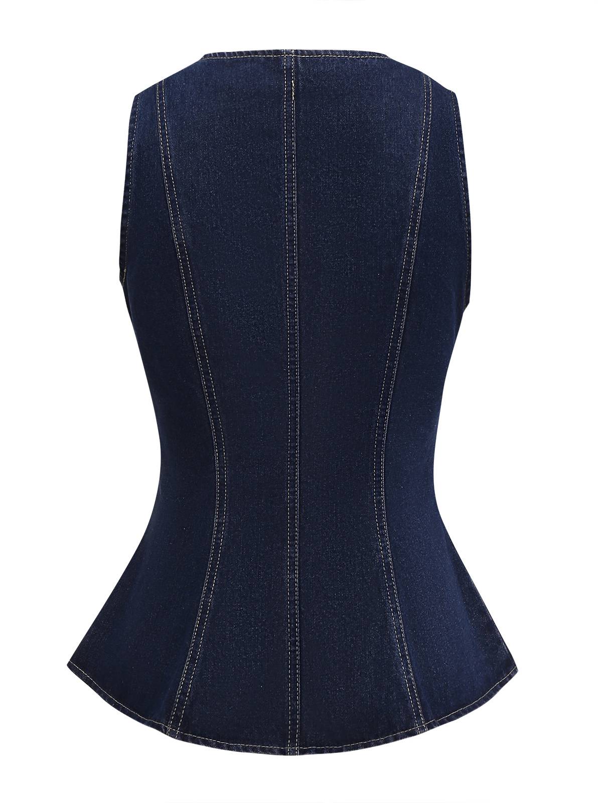 Blau 1950er Quadratischer Hals Tasteed Denim Weste - Image 2