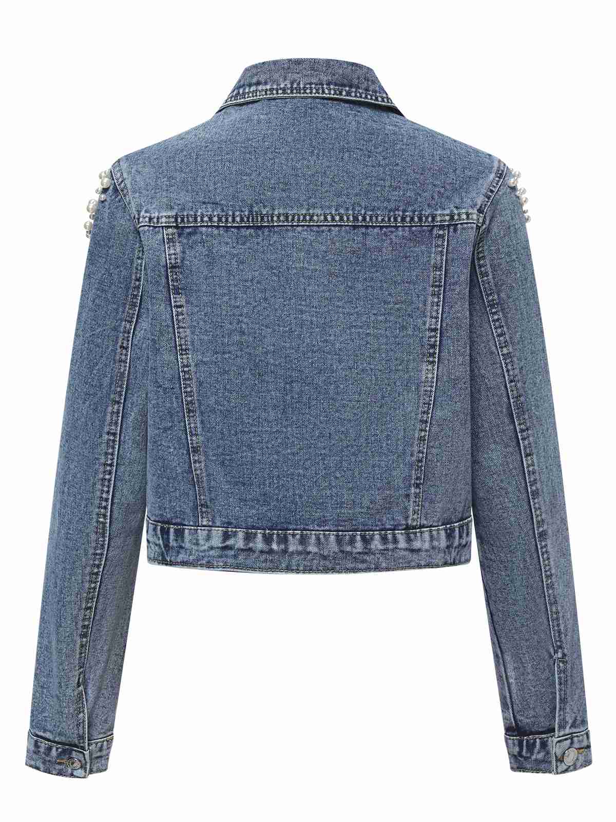 Blau 1950er Revers Perlen Denim Kurzmantel - Image 2