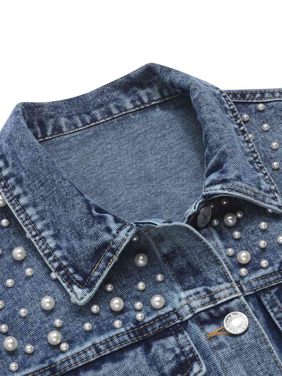 Blau 1950er Revers Perlen Denim Kurzmantel - Image 3