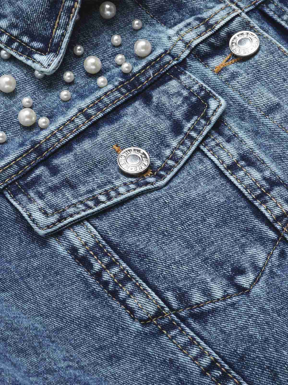 Blau 1950er Revers Perlen Denim Kurzmantel - Image 4