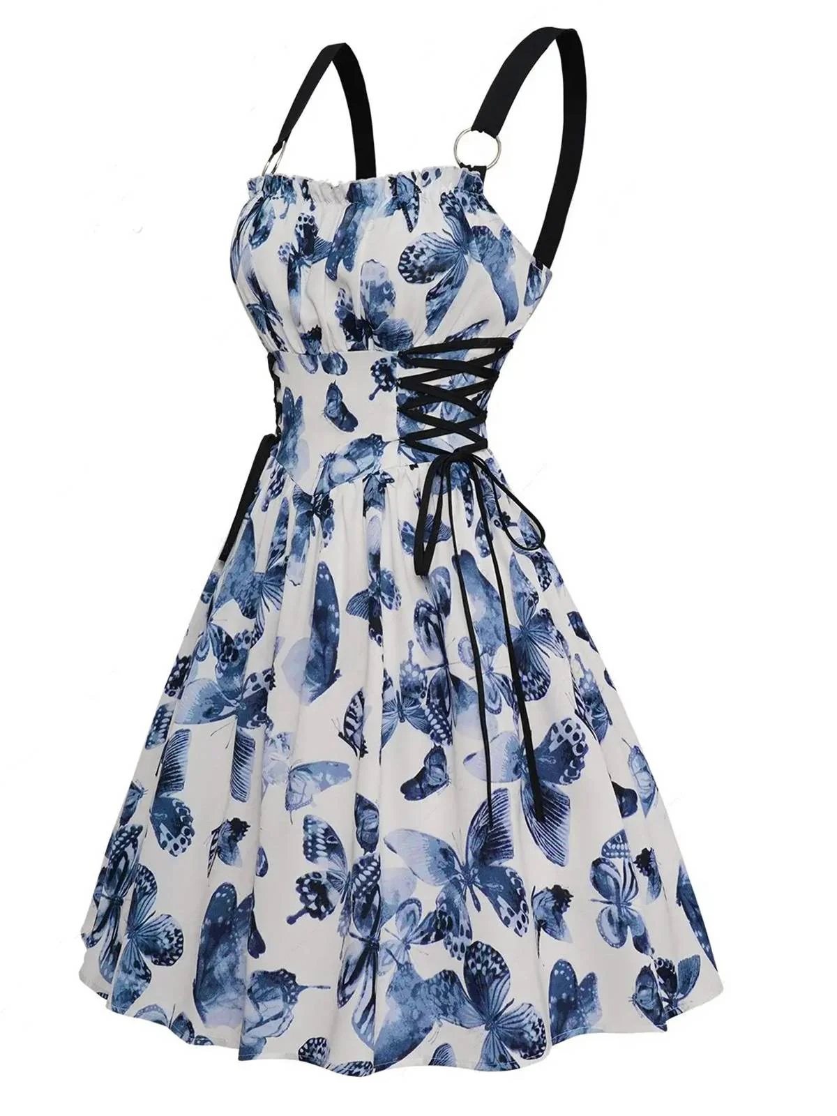 Blau 1950er Roses Träger Schnürung Plissiertes Kleid - Image 2