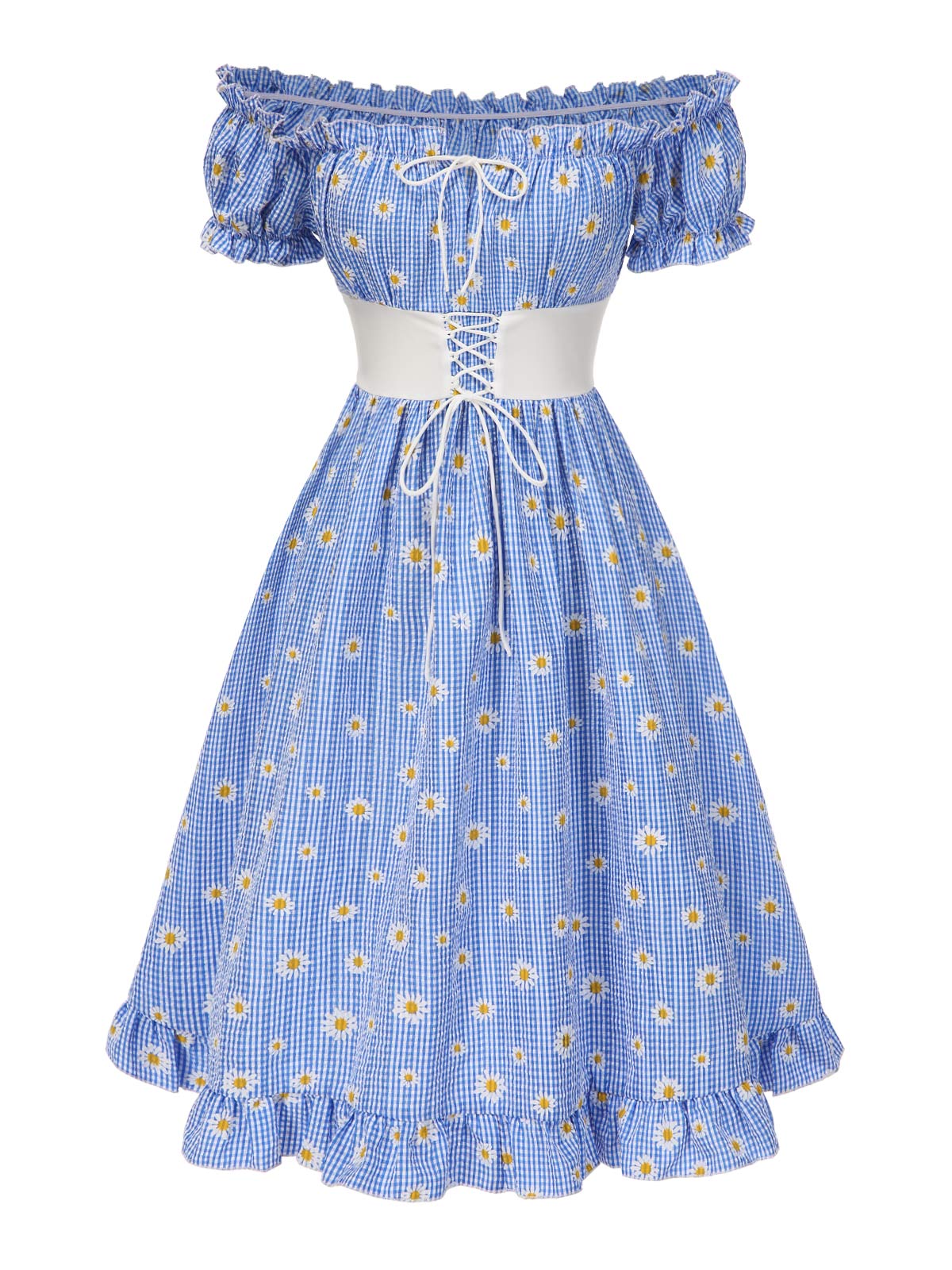 Blau 1950er Schulterfrei Plaids Gänseblümchen Schnürung Kleid - Image 2
