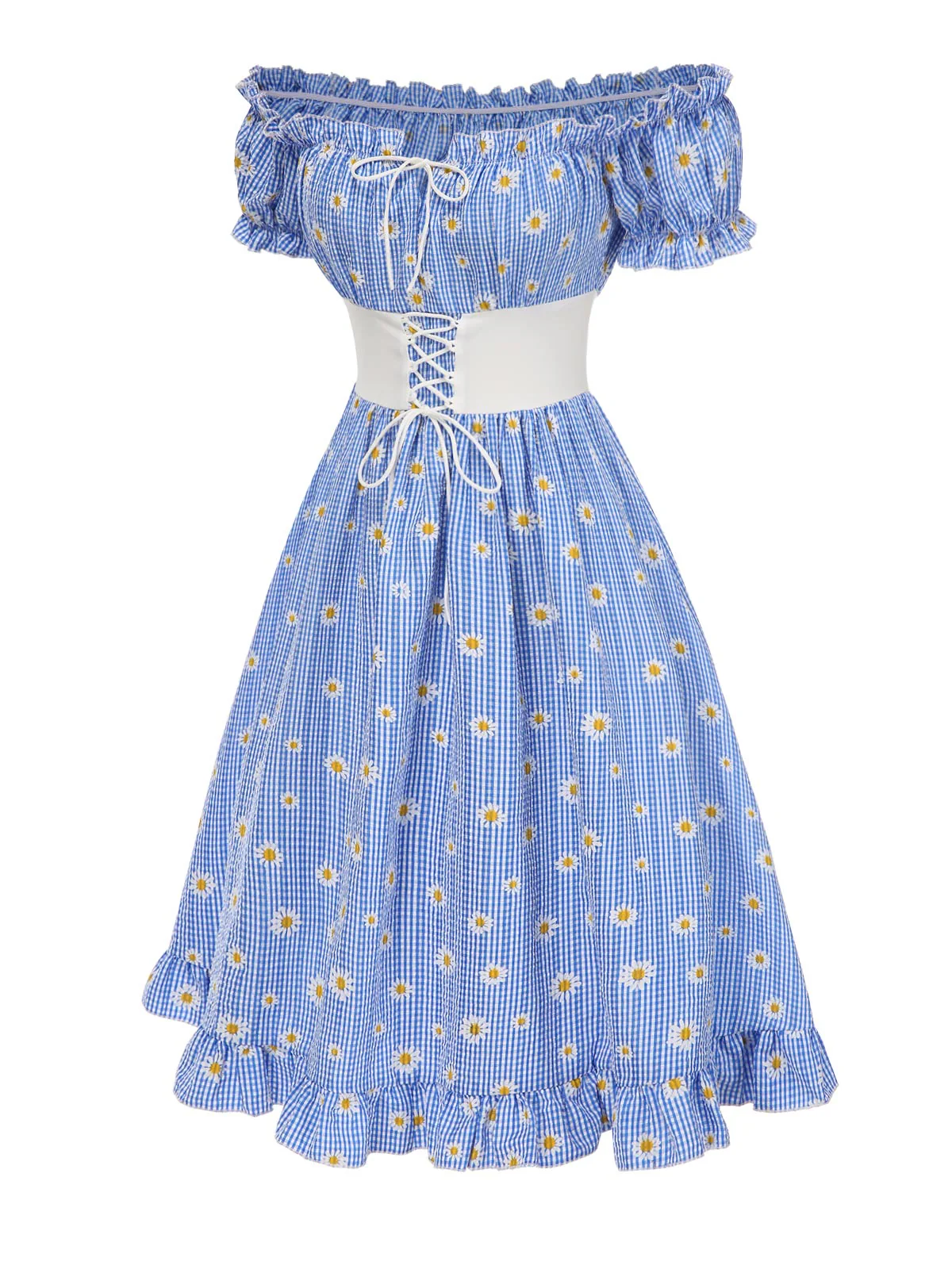 Blau 1950er Schulterfrei Plaids Gänseblümchen Schnürung Kleid - Image 3